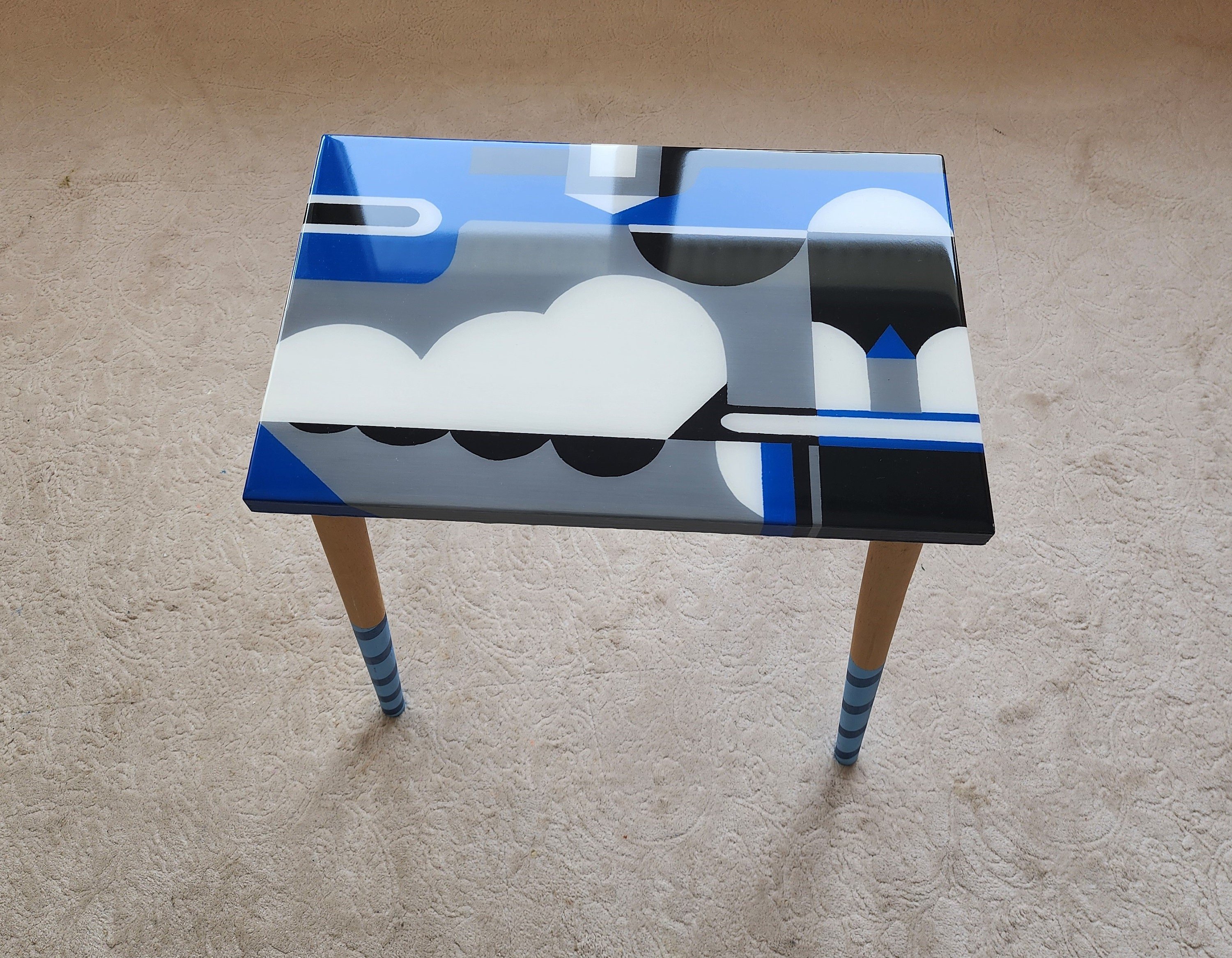 Unique Wooden Retro Epoxy Resin Blue Side Coffee Table,Colorful Funky Eclectic Rainbow Abstract Pop Art Hand Painted Cute End Sofa Table