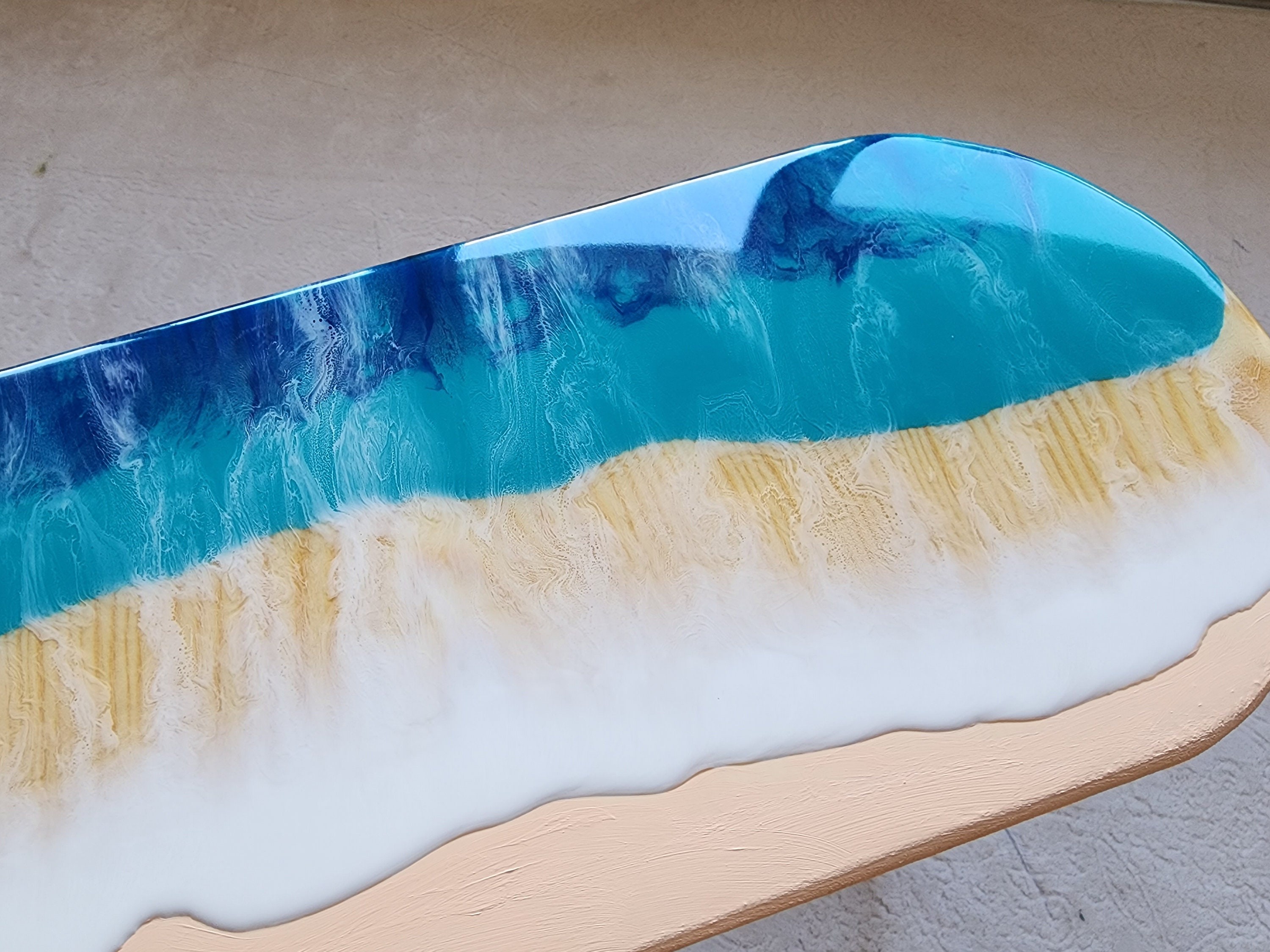 Oval Epoxy Resin Ocean Waves Side Coffee Table,  Natural Beach House Decor Blue Coastal Nautical Sea Themed Entryway Bedside Bedroom Table