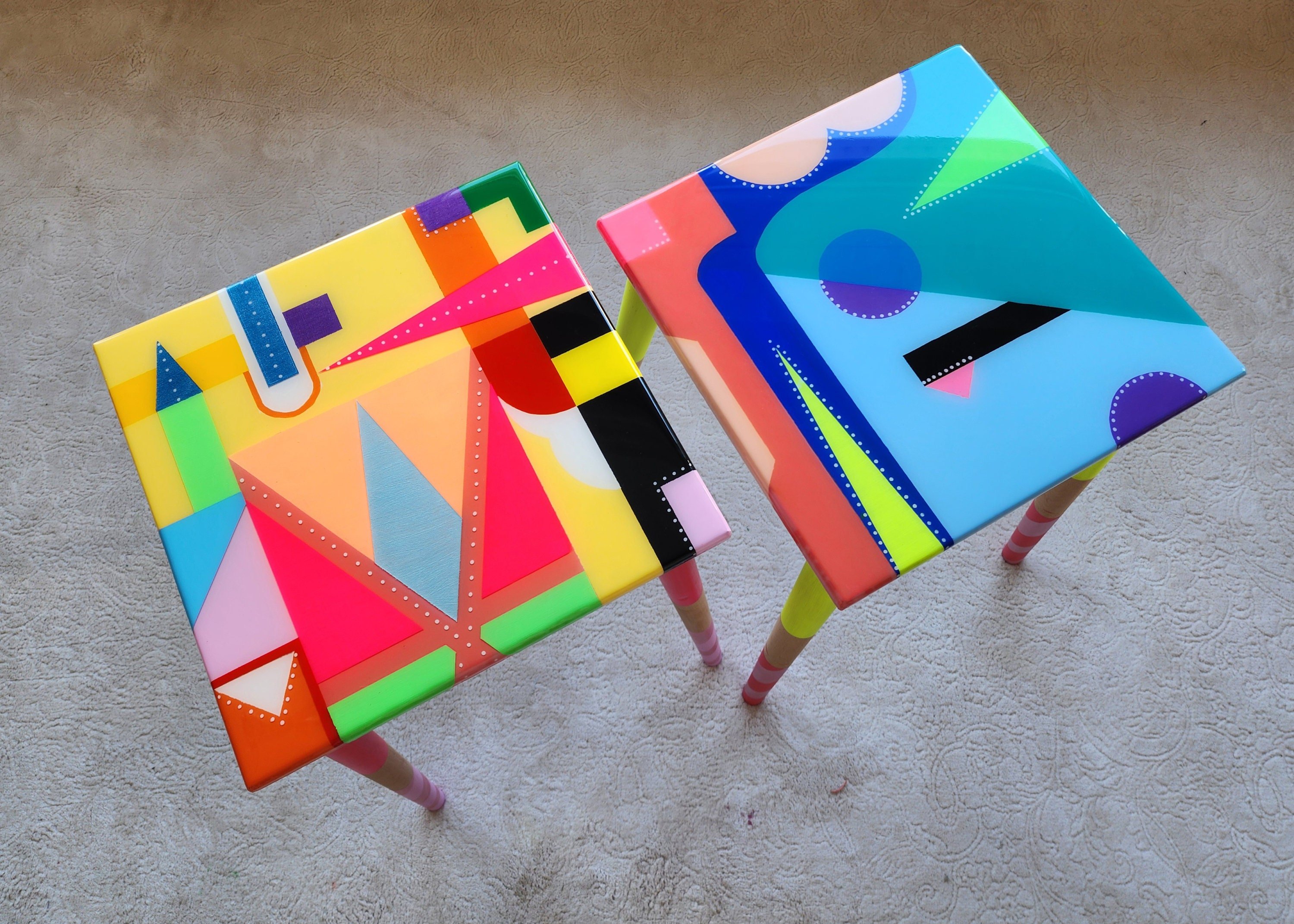Unusual Pink Funky Colorful Side Narrow Resin Coffee Tables,Maximalist Eclectic Abstract Cool Neon Painted Leg Epoxy Cute Boho Pop Art Table
