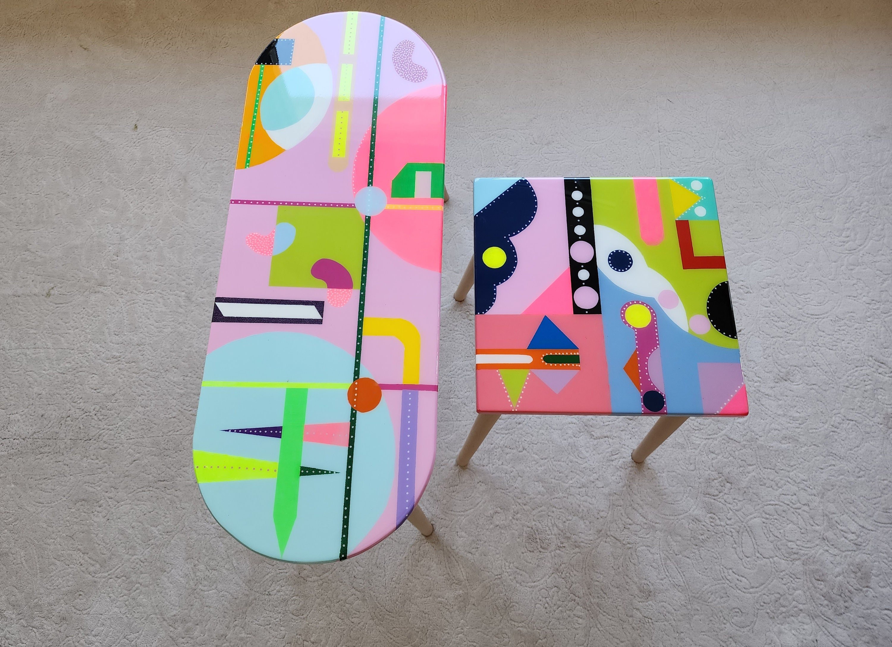 Mid Century Modern Pink Resin Narrow Coffee Tables, Colorful Abstract Vibrant Funky Eclectic Cool Retro Painted Epoxy Side End Pop Art Table