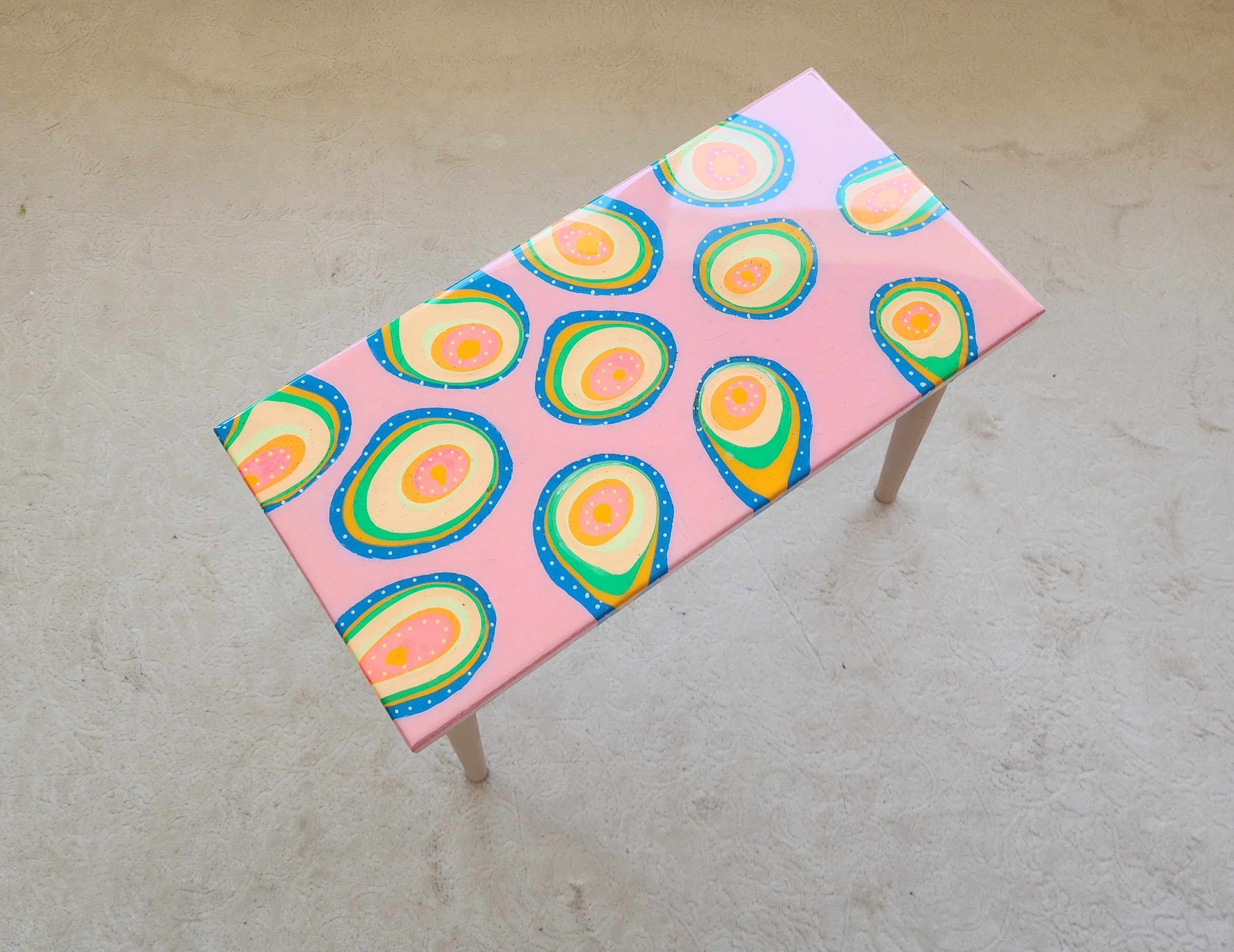 Unusual Pink Funky Colorful Side Narrow Resin Coffee Table, Maximalist Eclectic Abstract Cool Neon Painted Leg Epoxy Cute Boho Pop Art Table