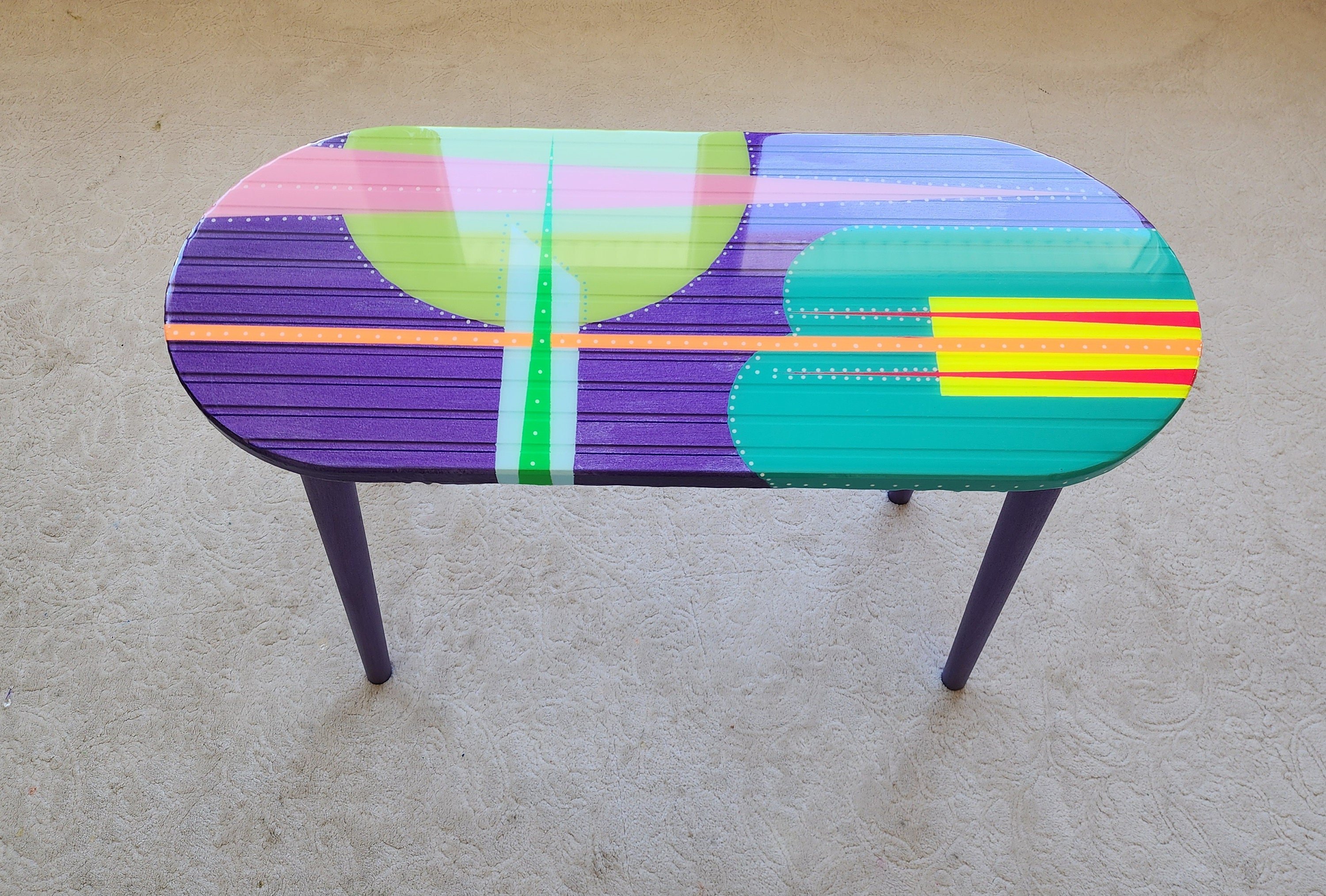 Unusual Oval Purple Funky Colorful Side Resin Coffee Table, Maximalist Eclectic Abstract Cool Neon Painted Leg Epoxy Cute Boho Pop Art Table