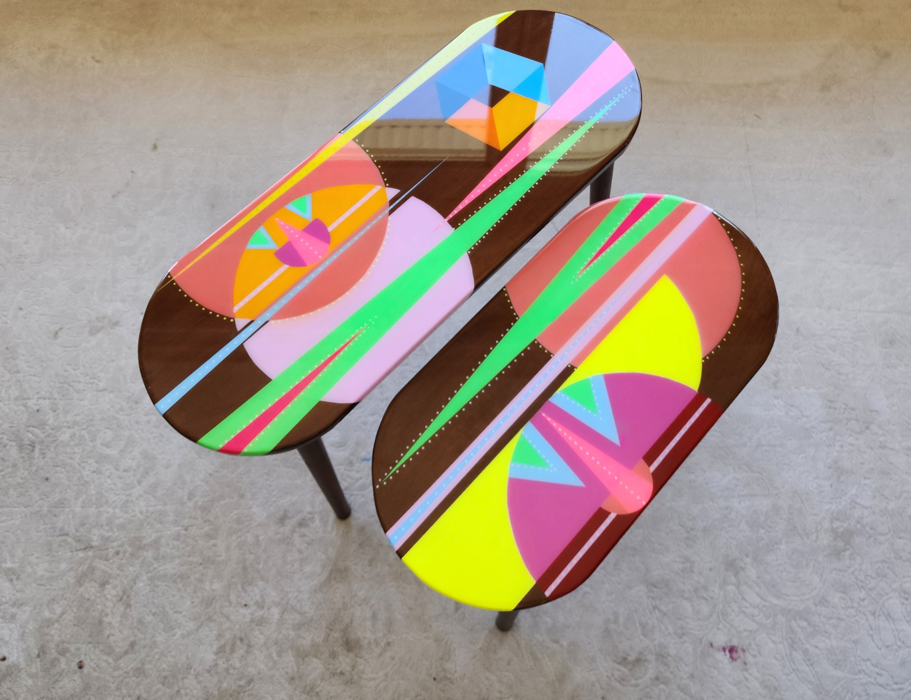 Unusual Pink Funky Colorful Side Narrow Resin Coffee Tables,Maximalist Eclectic Abstract Cool Neon Painted Leg Epoxy Cute Boho Pop Art Table