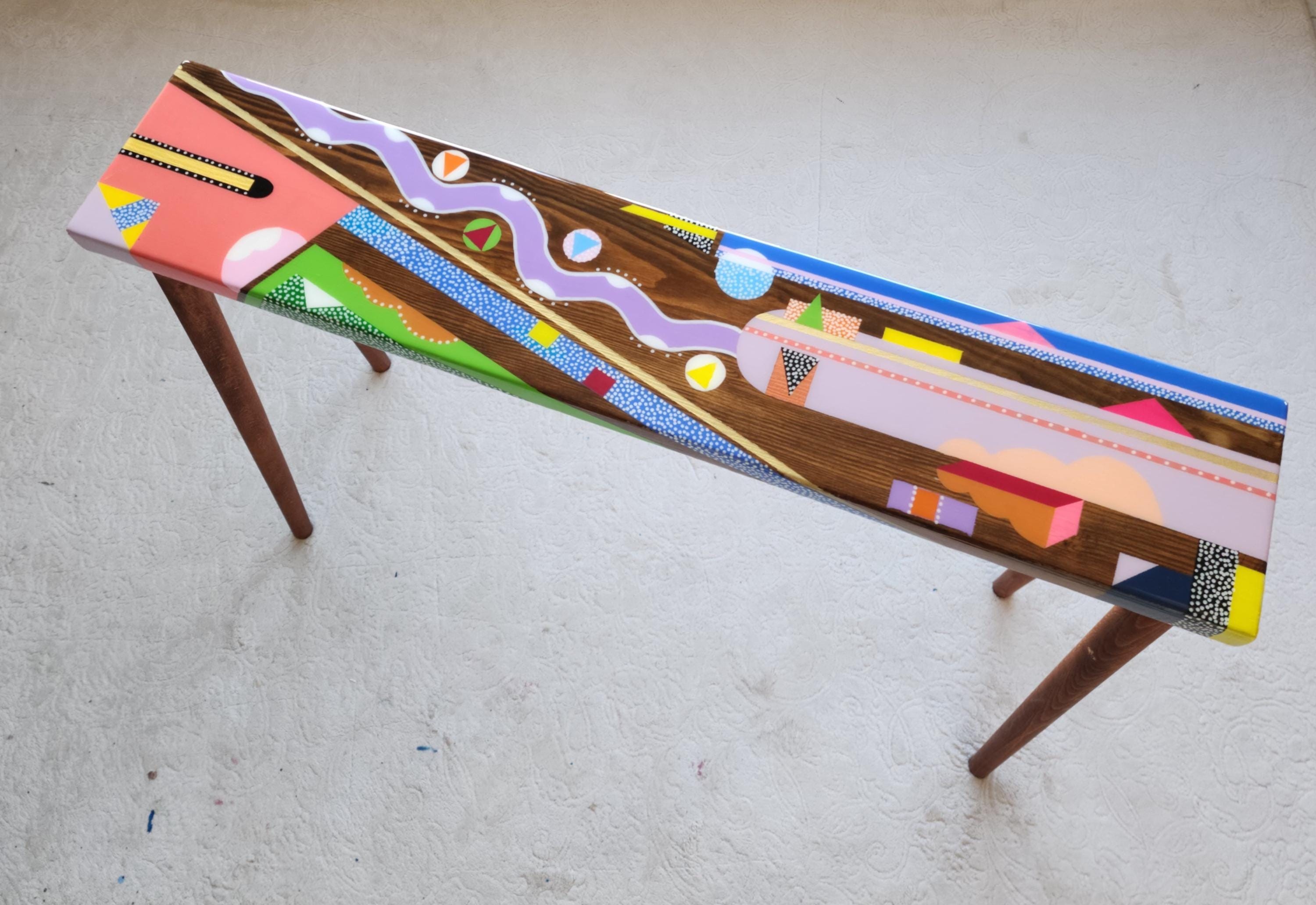 Unusual Handmade Colorful Resin Console Table,Narrow Abstract Epoxy Side Coffee Table, Funky Modern Cool Eclectic Retro Pop Art Coffee Table