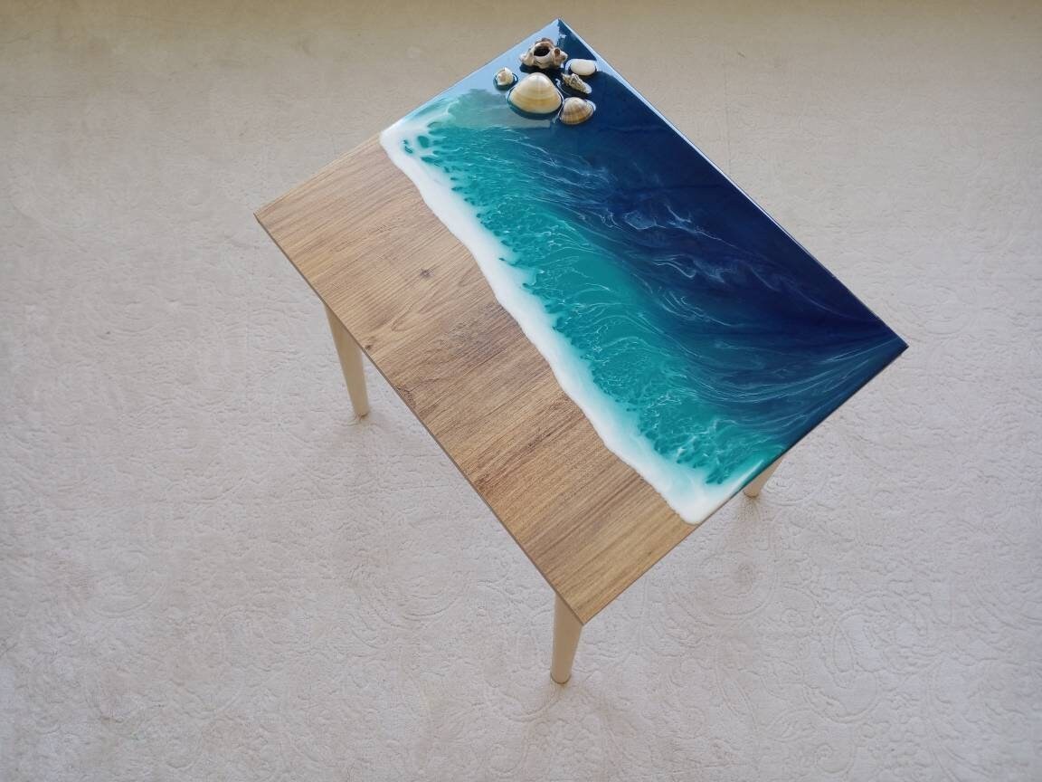 Wooden Cute Ocean Wave Side End Resin Coffee Table,Nautical Beachy Home Furniture, Natural Seashells Table, Small Sea Theme Cool Art Table