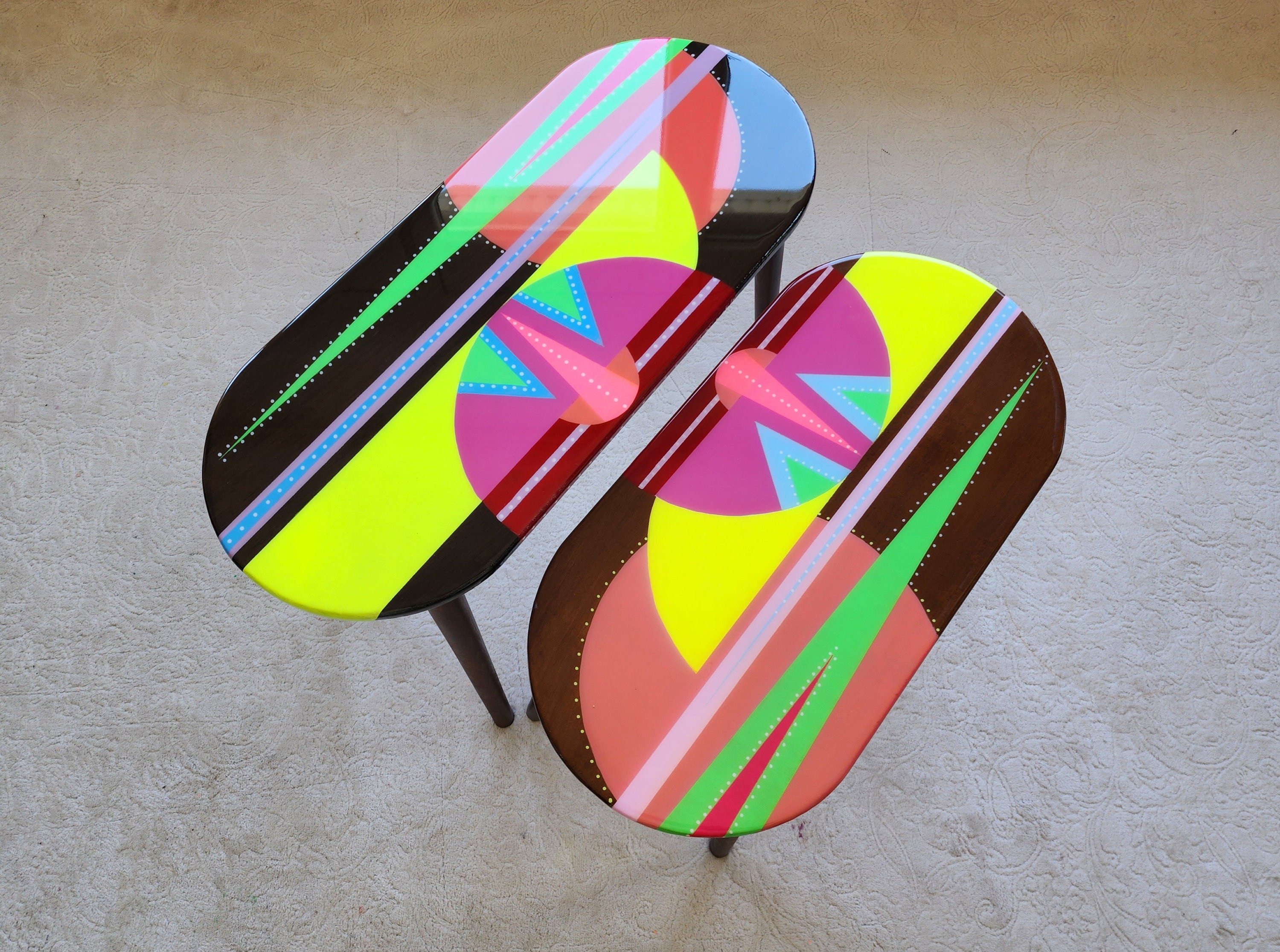 Unusual Pink Funky Colorful Side Narrow Resin Coffee Tables,Maximalist Eclectic Abstract Cool Neon Painted Leg Epoxy Cute Boho Pop Art Table