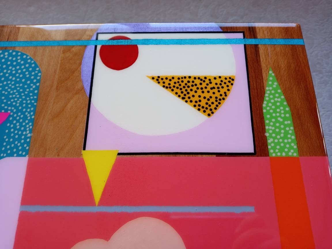 Small Wooden Handmade Resin Cool Side Coffee Table,Pink Modern Bedside Living Room Entryway End Colorful Abstract Funky Boho Epoxy Art Table