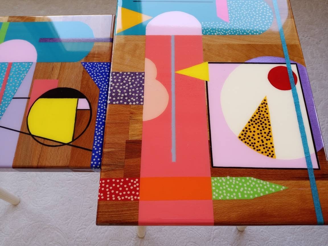 Colorful Hand Painted Funky Resin Side End Tables, Unique Pink Blue Abstract Bedside Living Room Entryway Boho 80s Epoxy Art Coffee Table