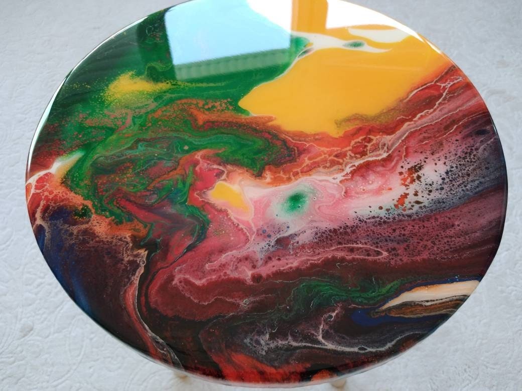 Round Yellow Red Side Resin Coffee Table, Bedside Blue Green Modern Unique Wood Handmade Wooden Abstract Art Sofa End Cool Amazing Table