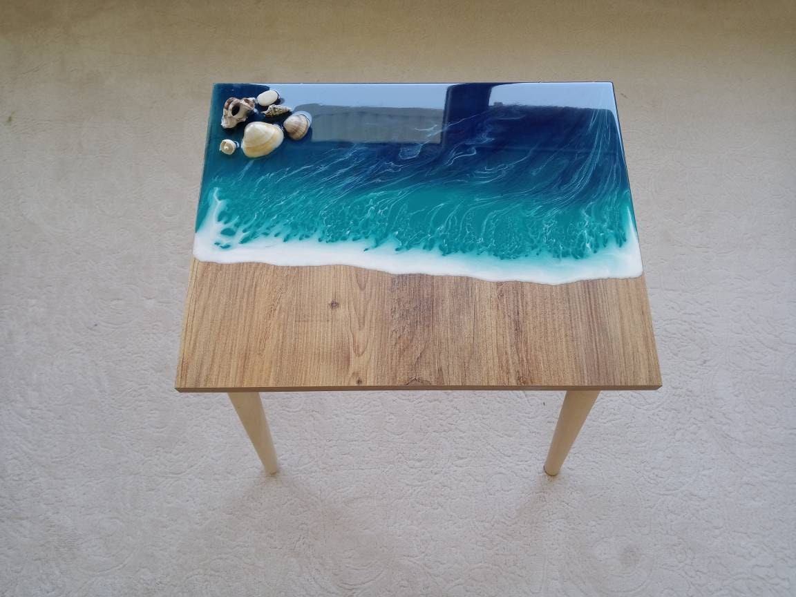 Wooden Cute Ocean Wave Side End Resin Coffee Table,Nautical Beachy Home Furniture, Natural Seashells Table, Small Sea Theme Cool Art Table