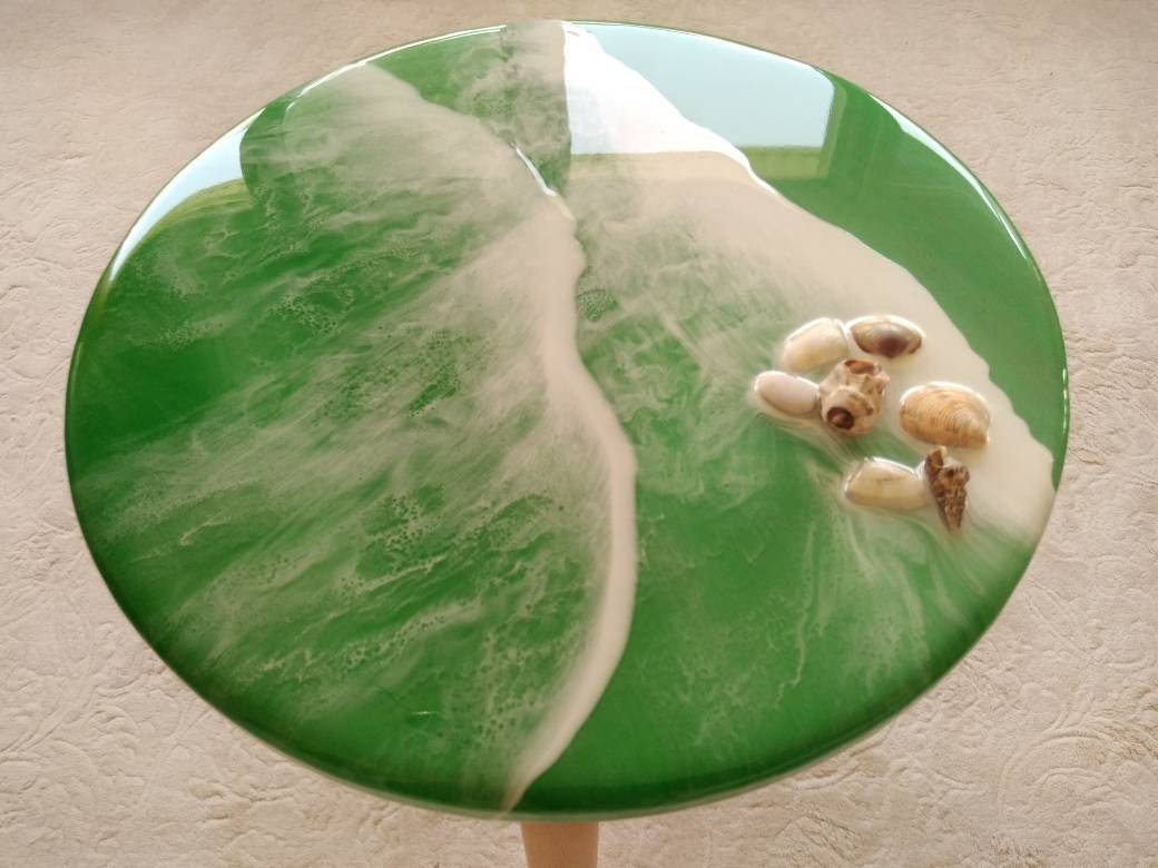 Round Small Resin Ocean Wave Coffee Table, Green Modern Wooden Side Sofa End Unique Coffee Table, Shells,Living Room, Bedroom Bedside Table