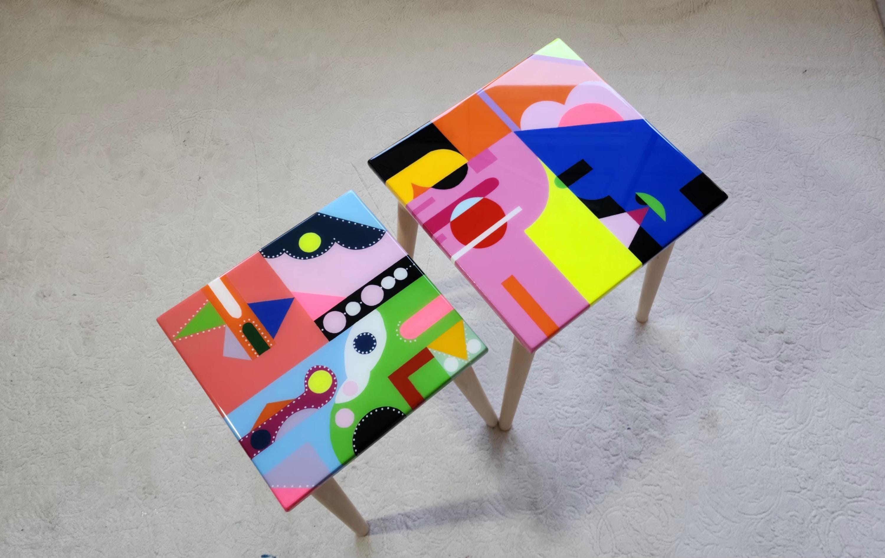 Colorful Small Funky Hand Painted Epoxy Resin Side Coffee Tables