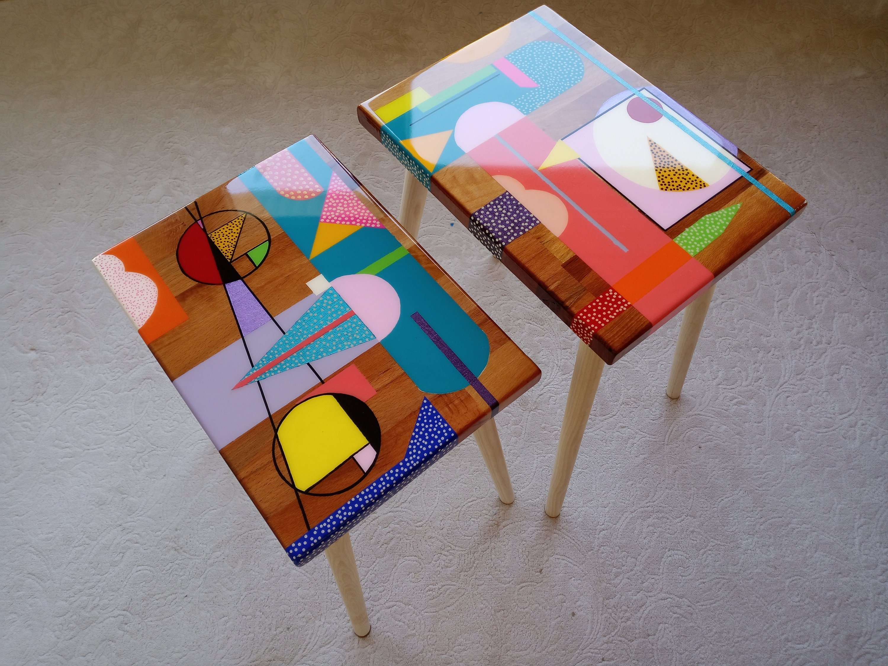 Colorful Hand Painted Funky Resin Side End Tables, Unique Pink Blue Abstract Bedside Living Room Entryway Boho 80s Epoxy Art Coffee Table