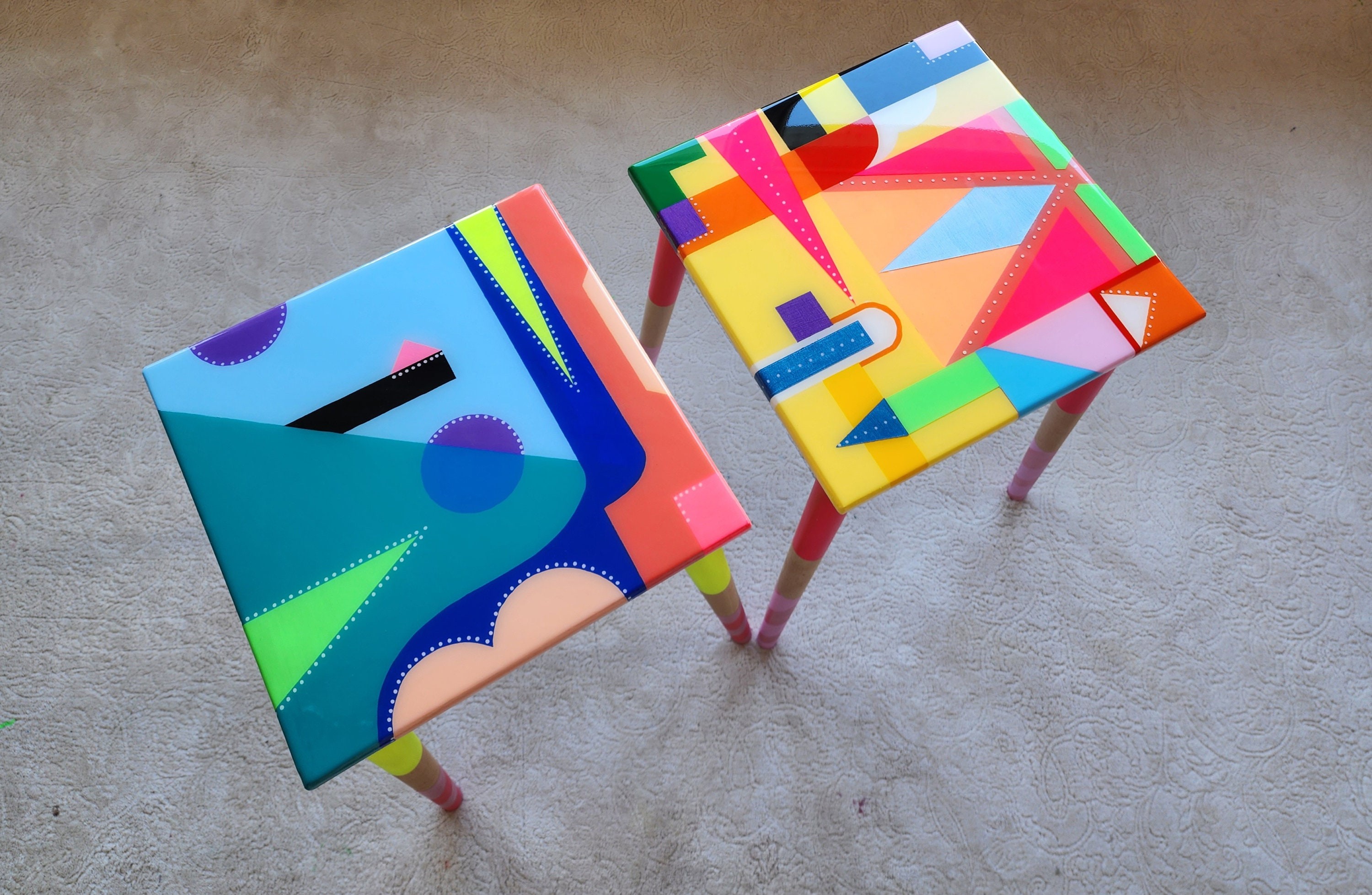 Unusual Pink Funky Colorful Side Narrow Resin Coffee Tables,Maximalist Eclectic Abstract Cool Neon Painted Leg Epoxy Cute Boho Pop Art Table