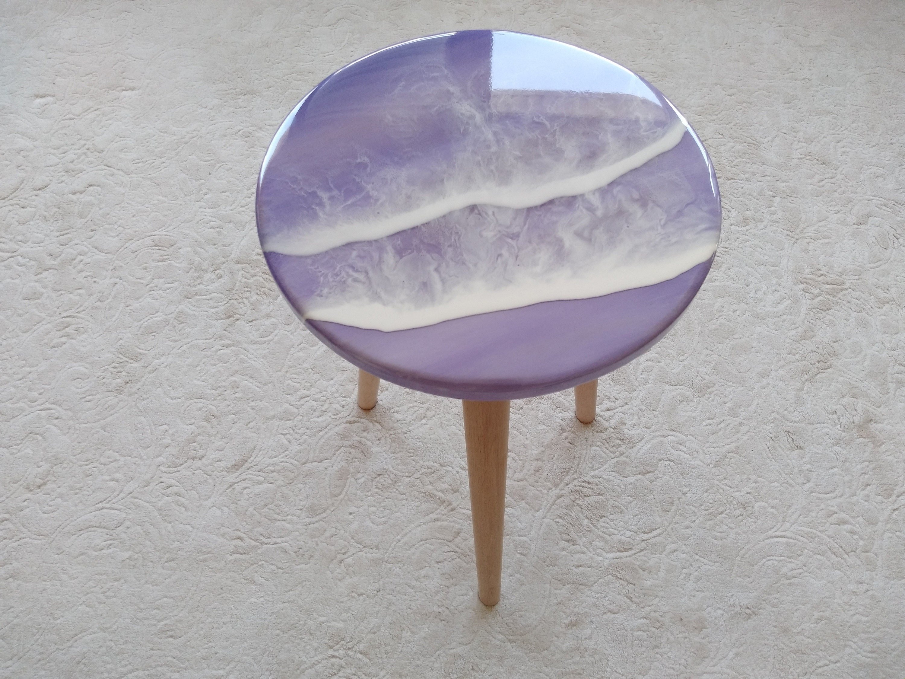 Unique Ocean Wave Resin Side Coffee Table, Beach Design Modern Purple Natural Wood Art Sofa Living Room Bedside Cool Live Edge River Table