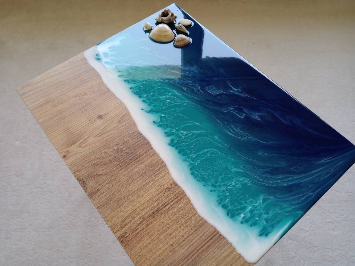 Wooden Cute Ocean Wave Side End Resin Coffee Table,Nautical Beachy Home Furniture, Natural Seashells Table, Small Sea Theme Cool Art Table