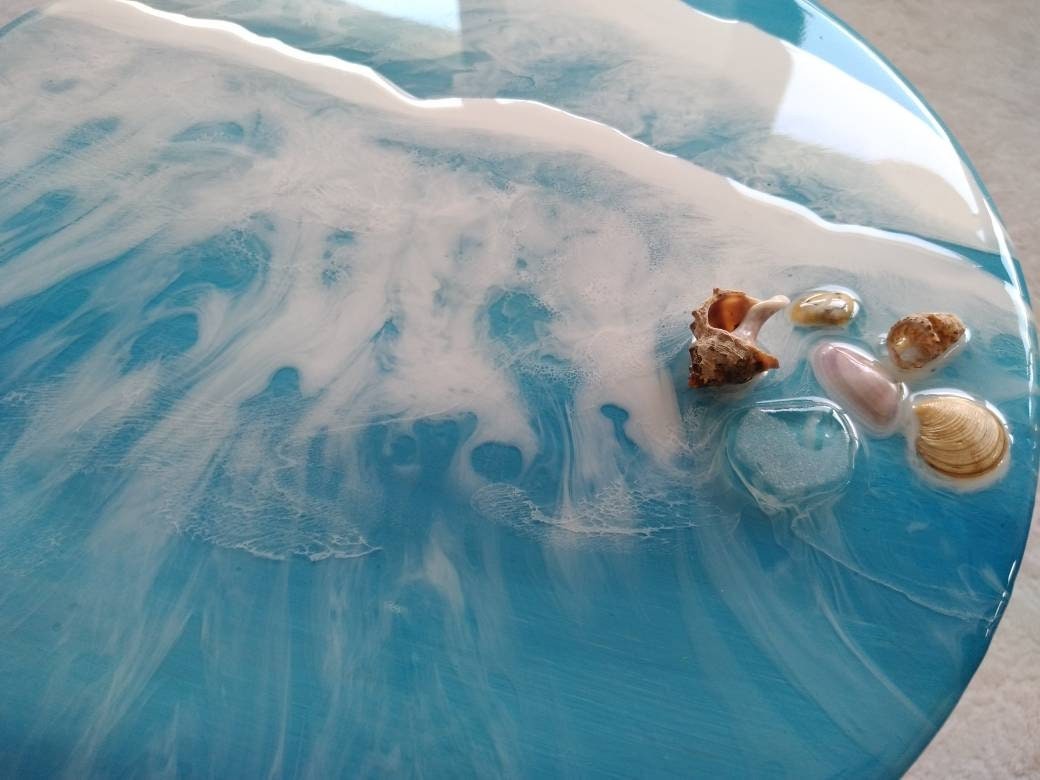 Unique Blue Ocean Wave Resin Side Coffee Table,  Modern Natural Wooden Sofa End Beach House Decor,Living Room, Bedside Cool Sea Art Table