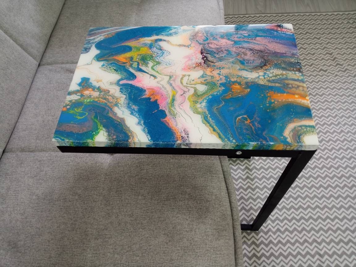 Resin Couch C Shape Table With Metal Legs,Living Room Bedside Bedroom Colorful Abstract Cool Funky Side Sofa Unique Art Design Coffee Table