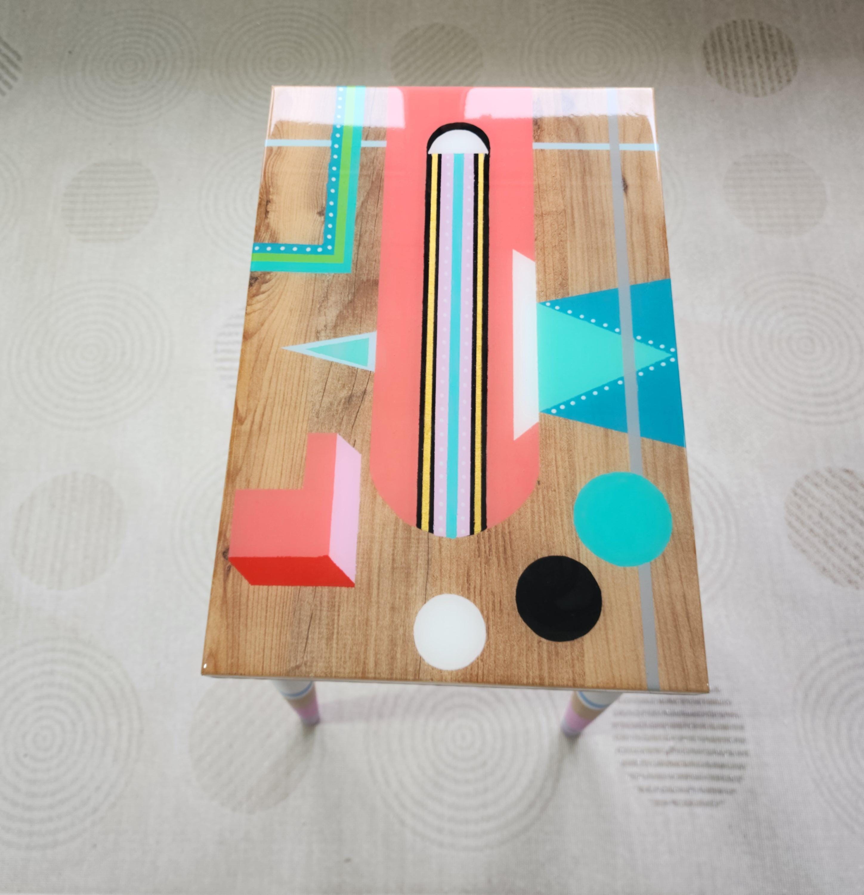 Unusual Unique Wooden Colorful Funky Epoxy Resin Side Coffee Table, Eclectic Rainbow Abstract Pop Art Hand Painted Cute Retro End Sofa Table