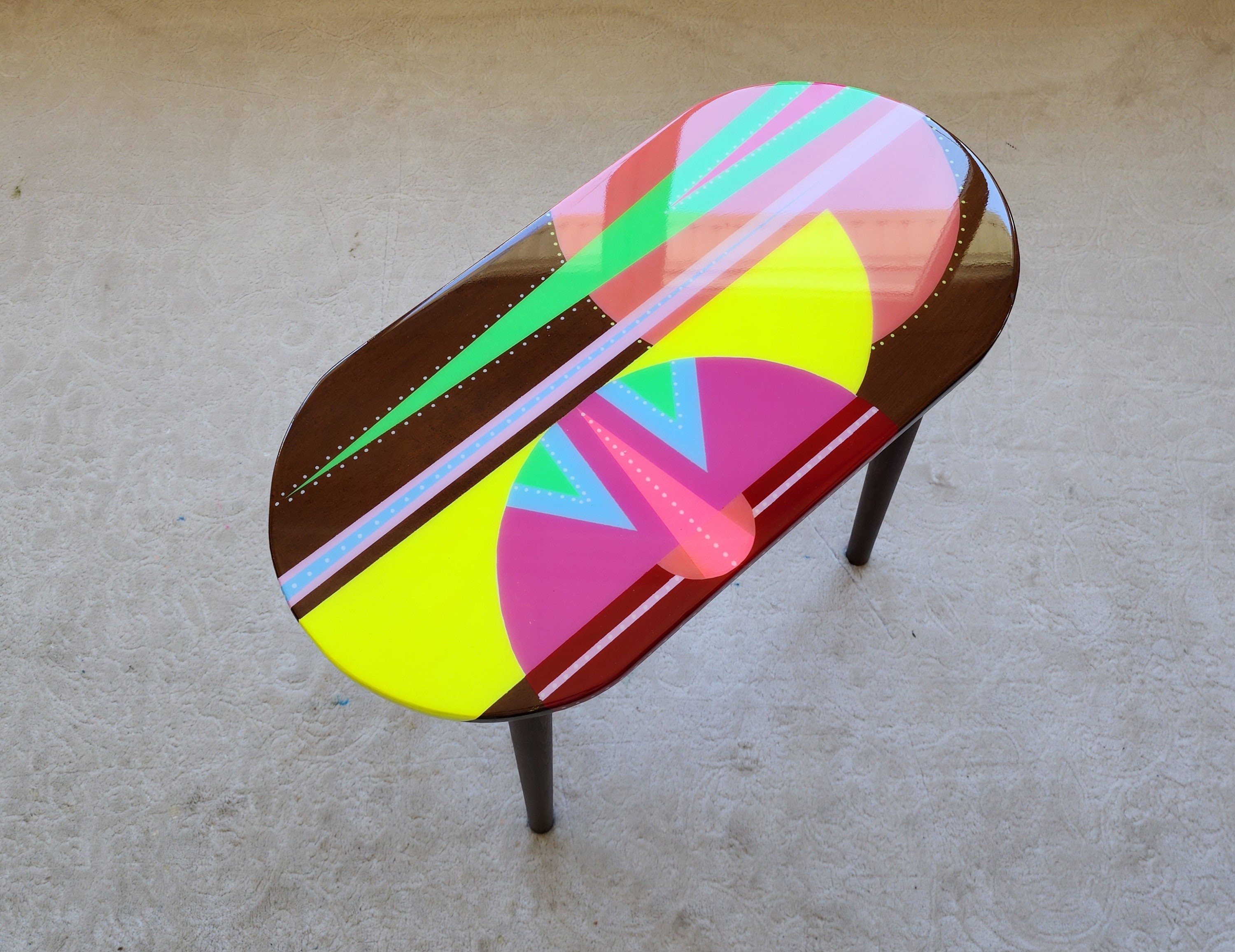 Unusual Pink Funky Colorful Side Narrow Resin Coffee Tables,Maximalist Eclectic Abstract Cool Neon Painted Leg Epoxy Cute Boho Pop Art Table
