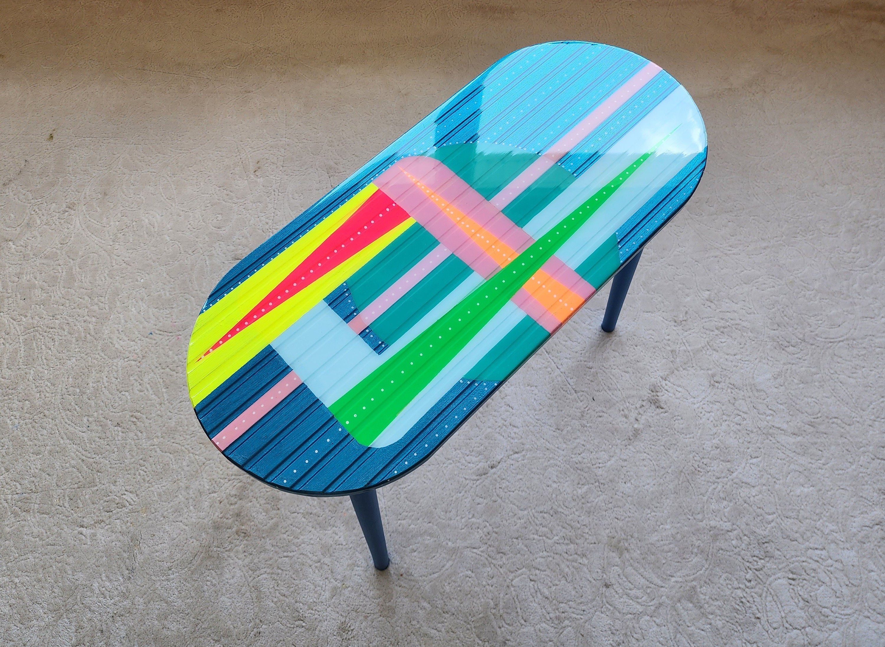 Unusual Blue Funky Colorful Side Resin Vintage Coffee Table,Maximalist Eclectic Abstract Cool Neon Painted Leg Epoxy Cute Boho Pop Art Table