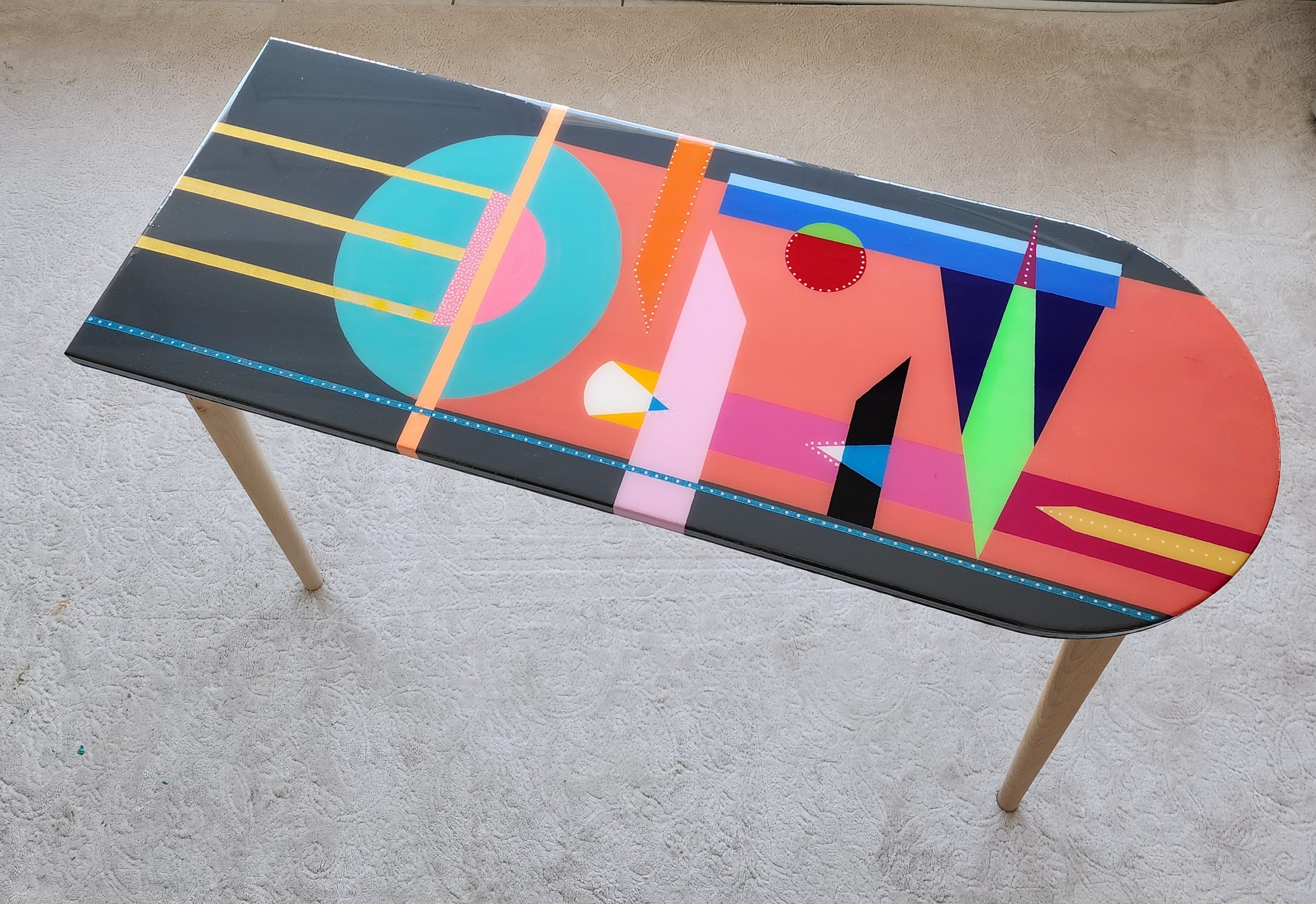 Oval Colorful Funky Abstract Epoxy Resin Side Coffee Table,Pink Black Groovy Vibrant Wooden Rainbow Retro Cool Luxury Center Art End Table