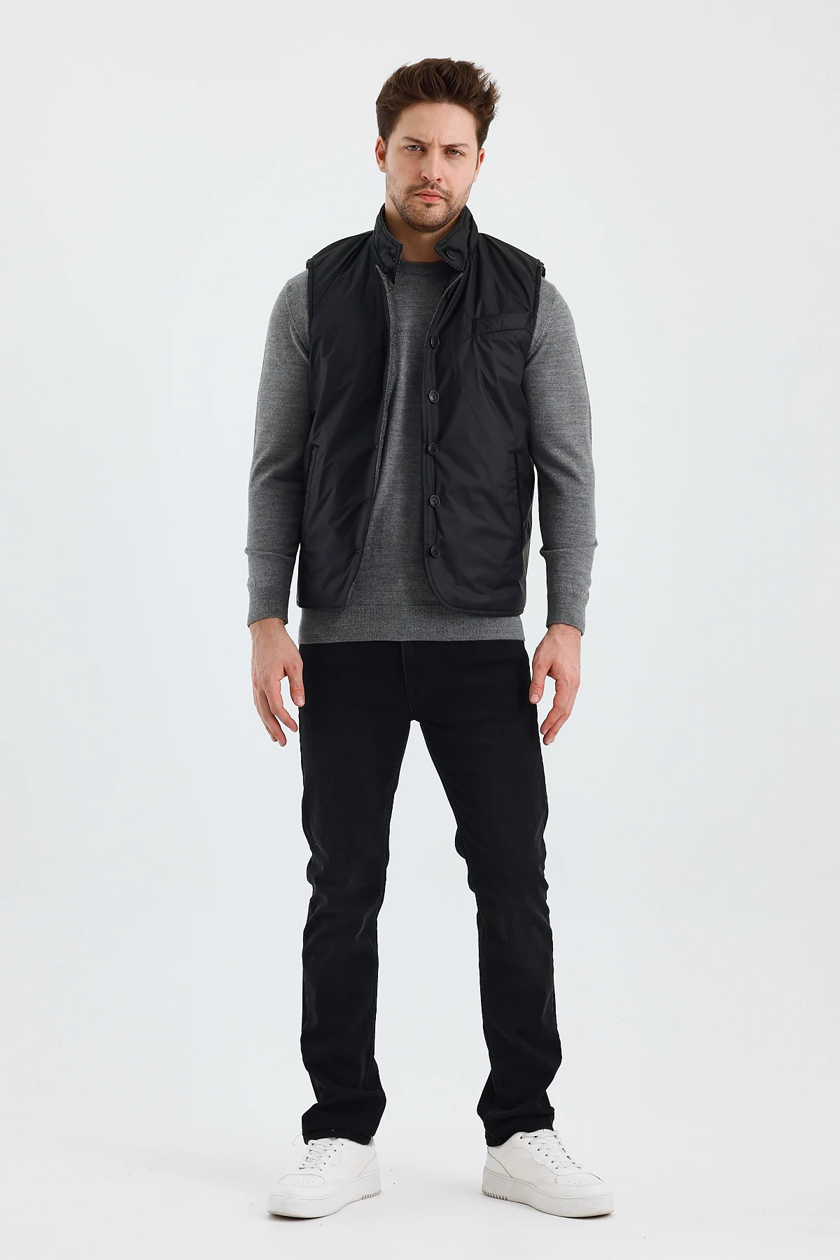 Erkek Dik Yaka Düğmeli Çift Taraflı Yelek