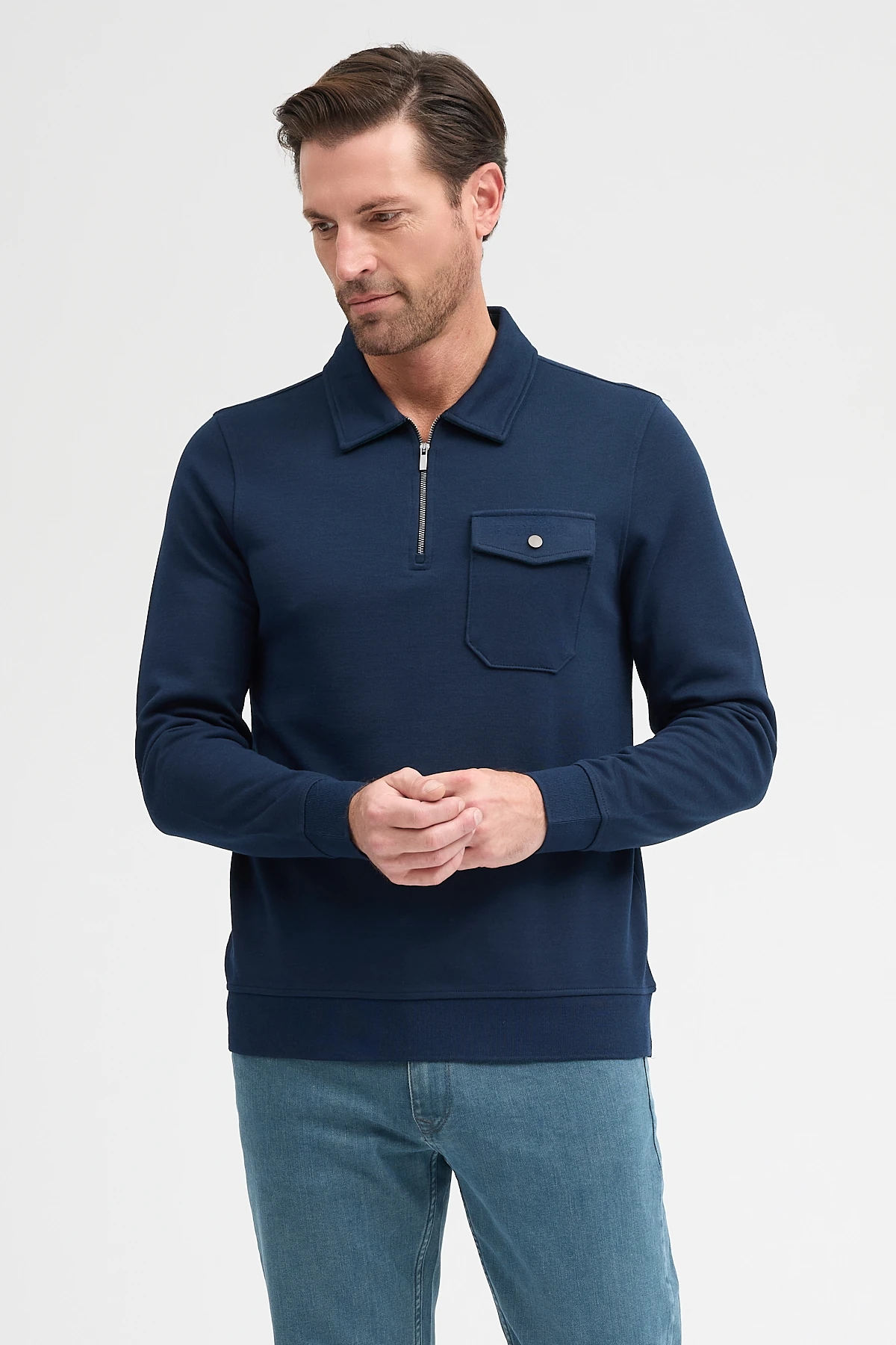 Erkek Polo Yaka Cepli Uzun Kol Sweatshirt