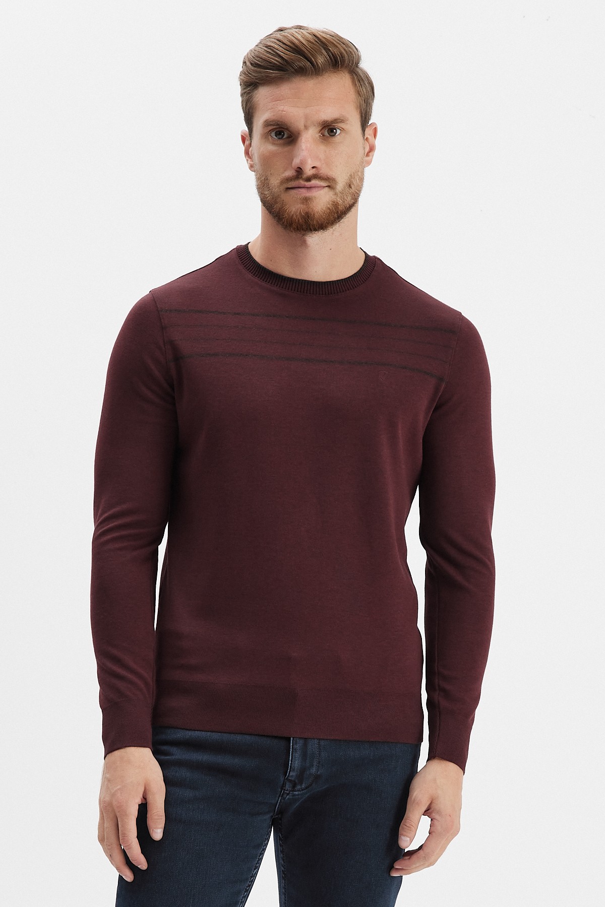 Erkek Bisiklet Yaka Çizgili Sweatshirt - Bordo