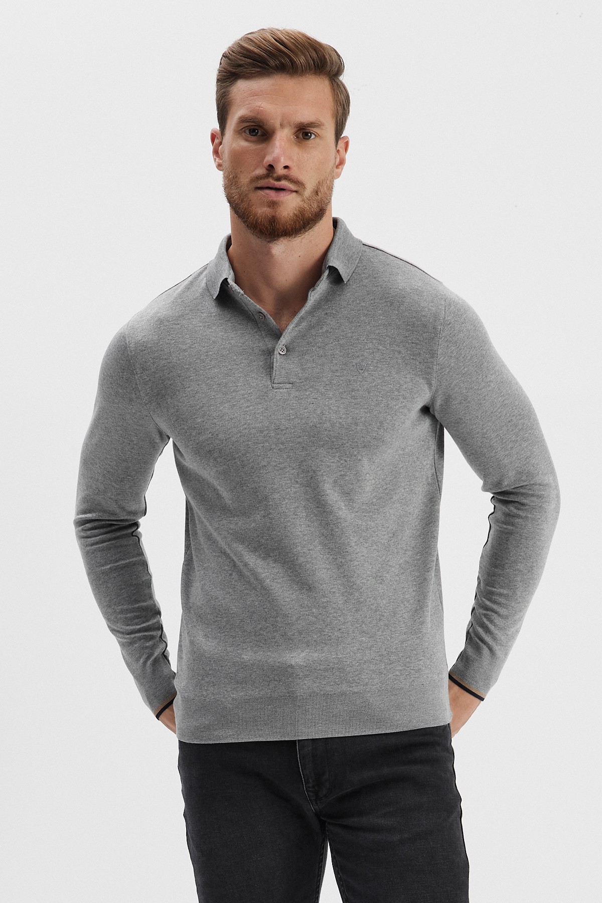 Erkek Polo Yaka Sweatshirt - Gri