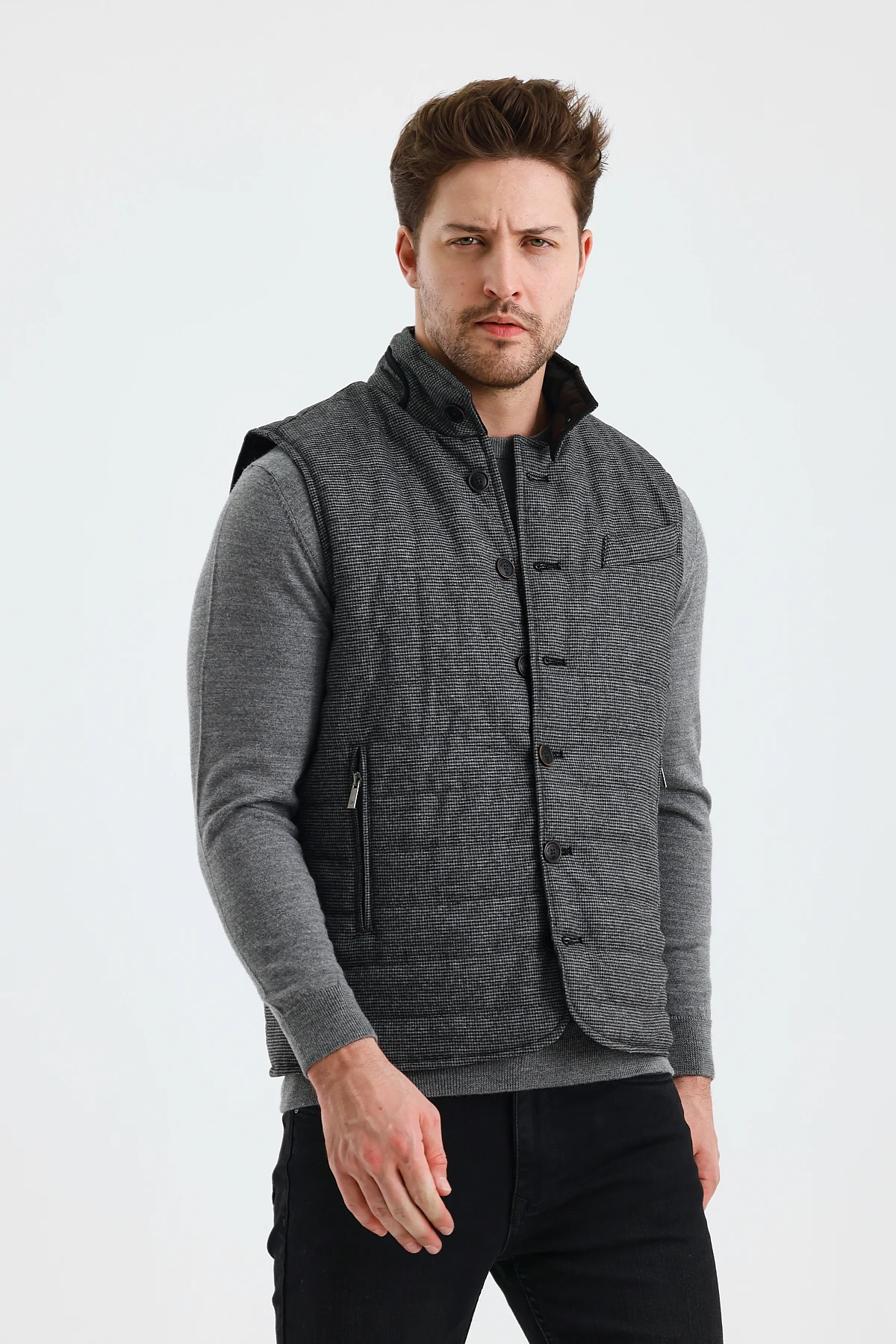 Erkek Dik Yaka Düğmeli Çift Taraflı Yelek