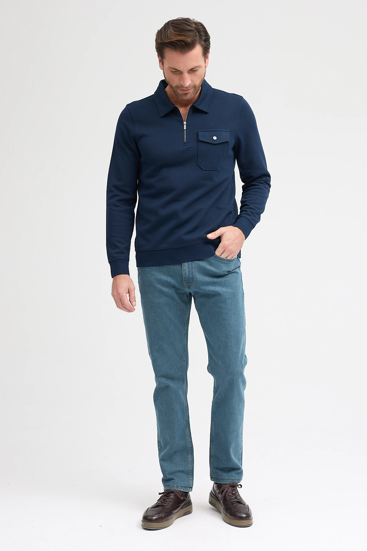 Erkek Polo Yaka Cepli Uzun Kol Sweatshirt