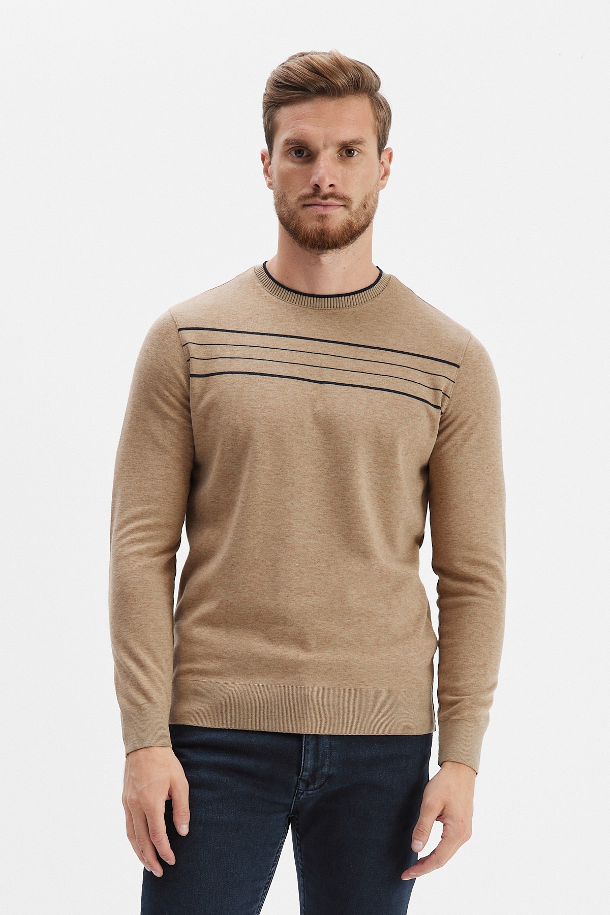 Erkek Bisiklet Yaka Çizgili Sweatshirt - Camel