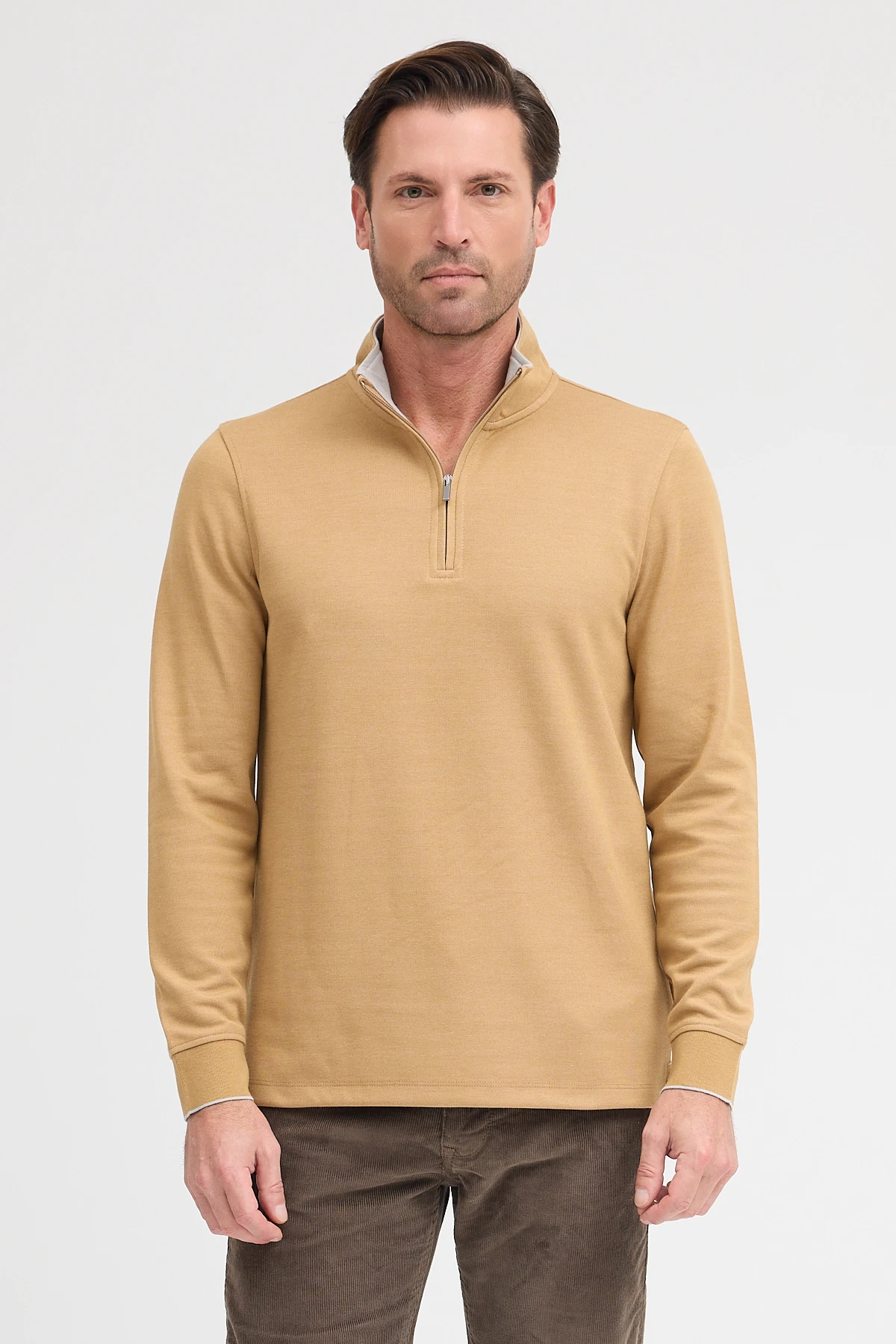 Erkek Dik Yaka Fermuarlı Sweatshirt - Camel