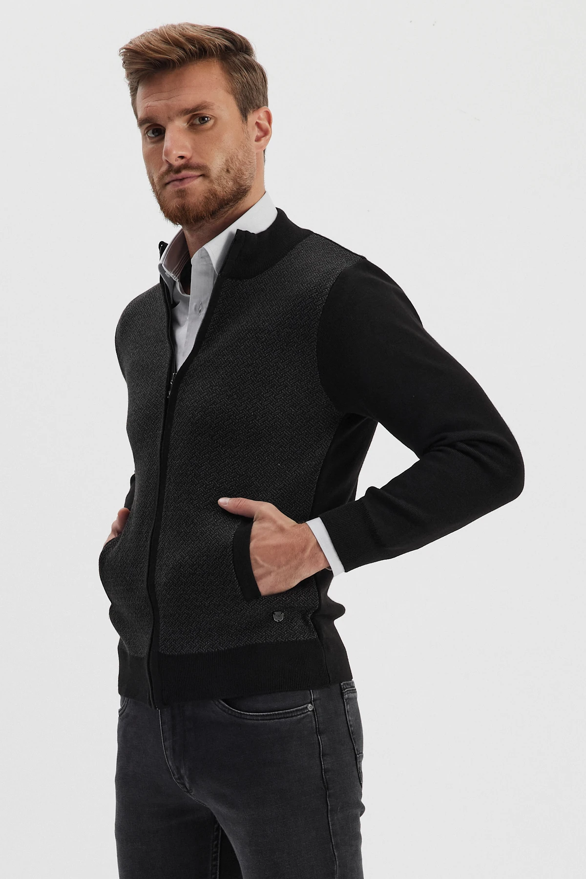 Erkek Hakim Yaka Fermuarlı Triko Hırka