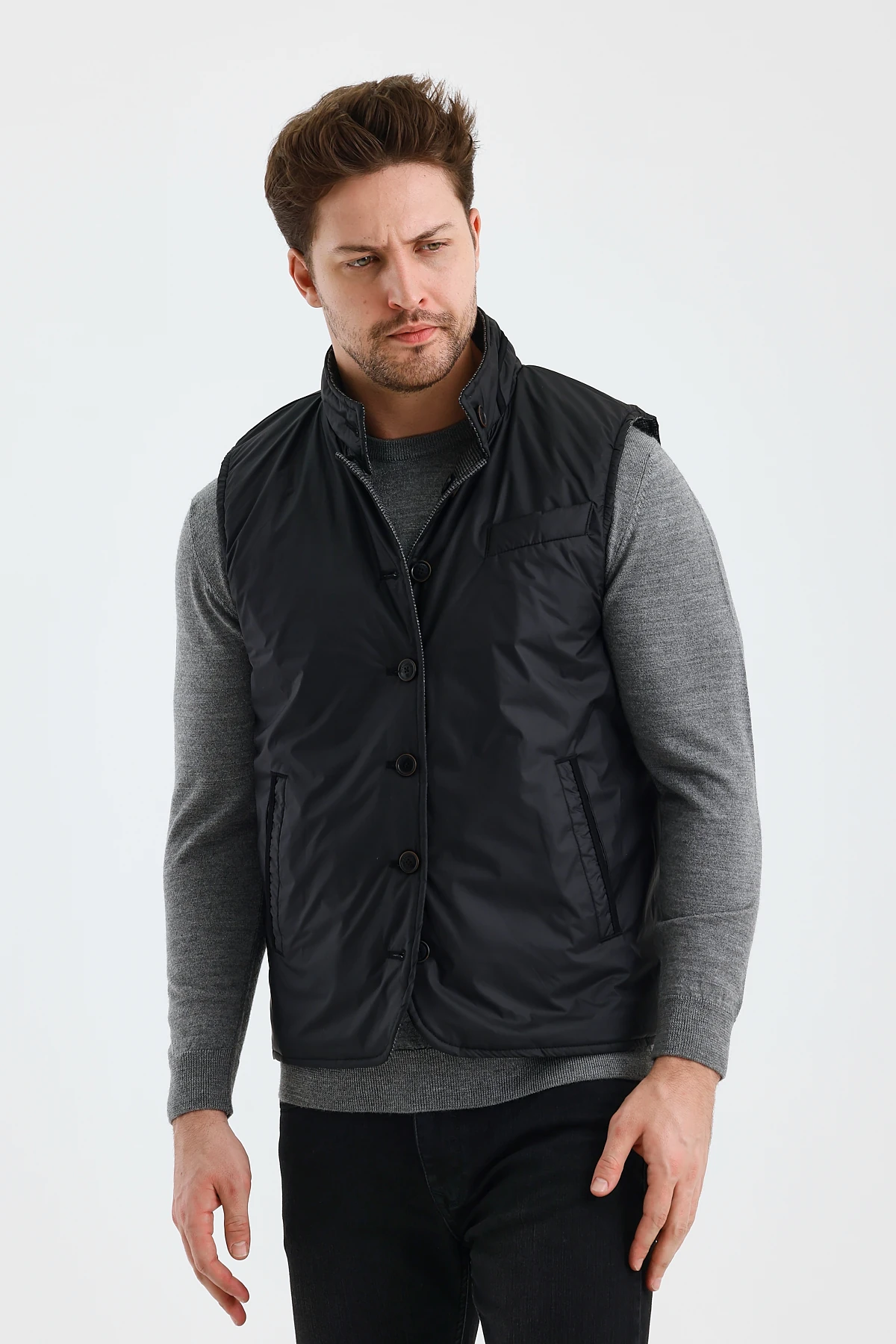 Erkek Dik Yaka Düğmeli Çift Taraflı Yelek