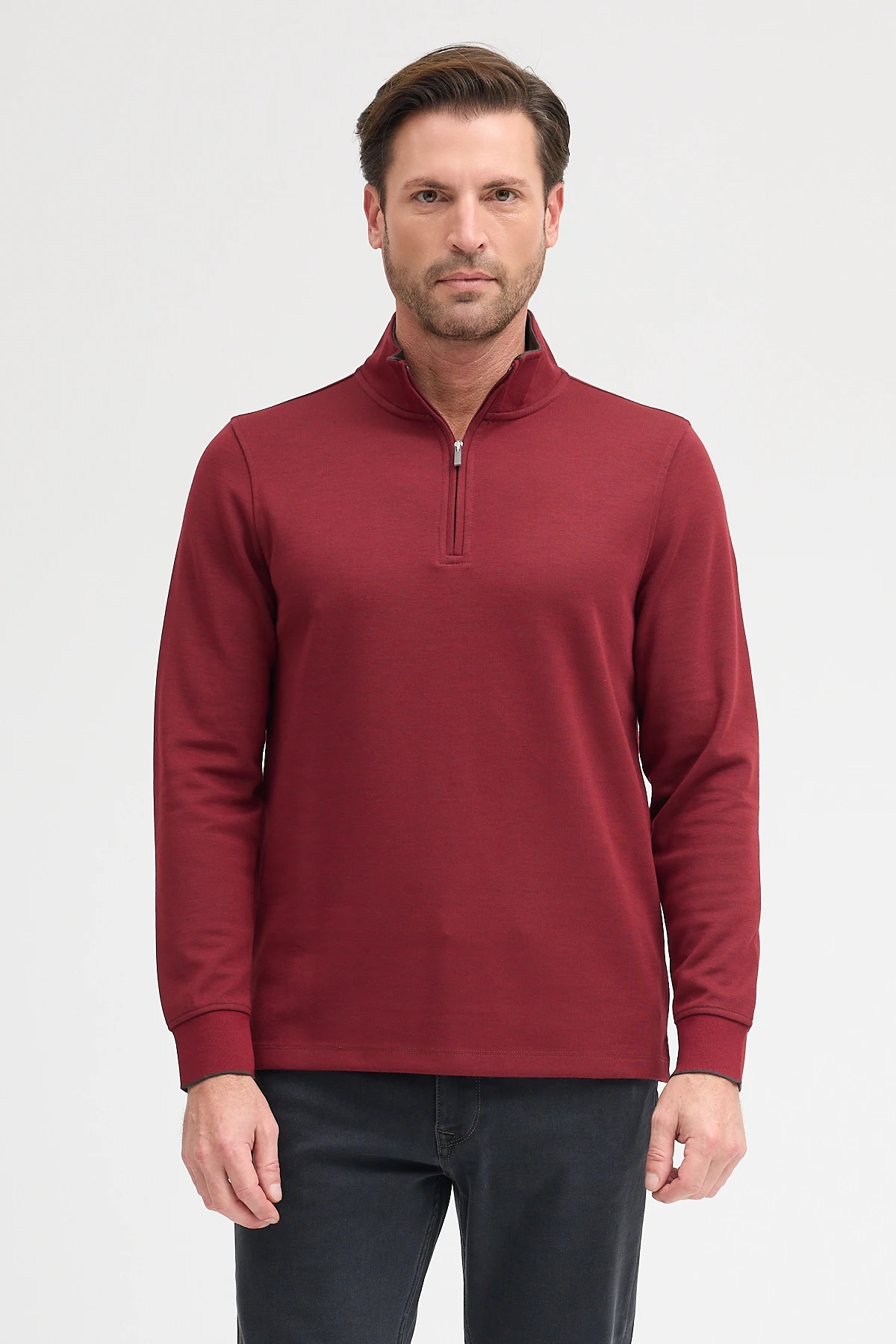 Erkek Dik Yaka Fermuarlı Sweatshirt - Bordo