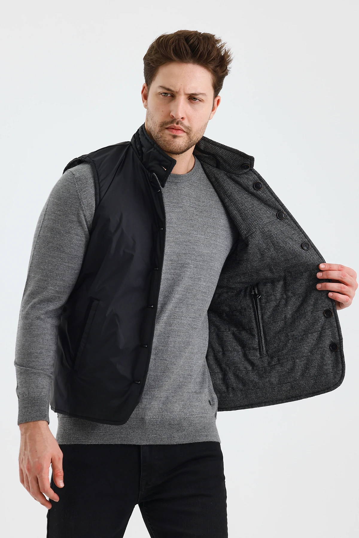 Erkek Dik Yaka Düğmeli Çift Taraflı Yelek