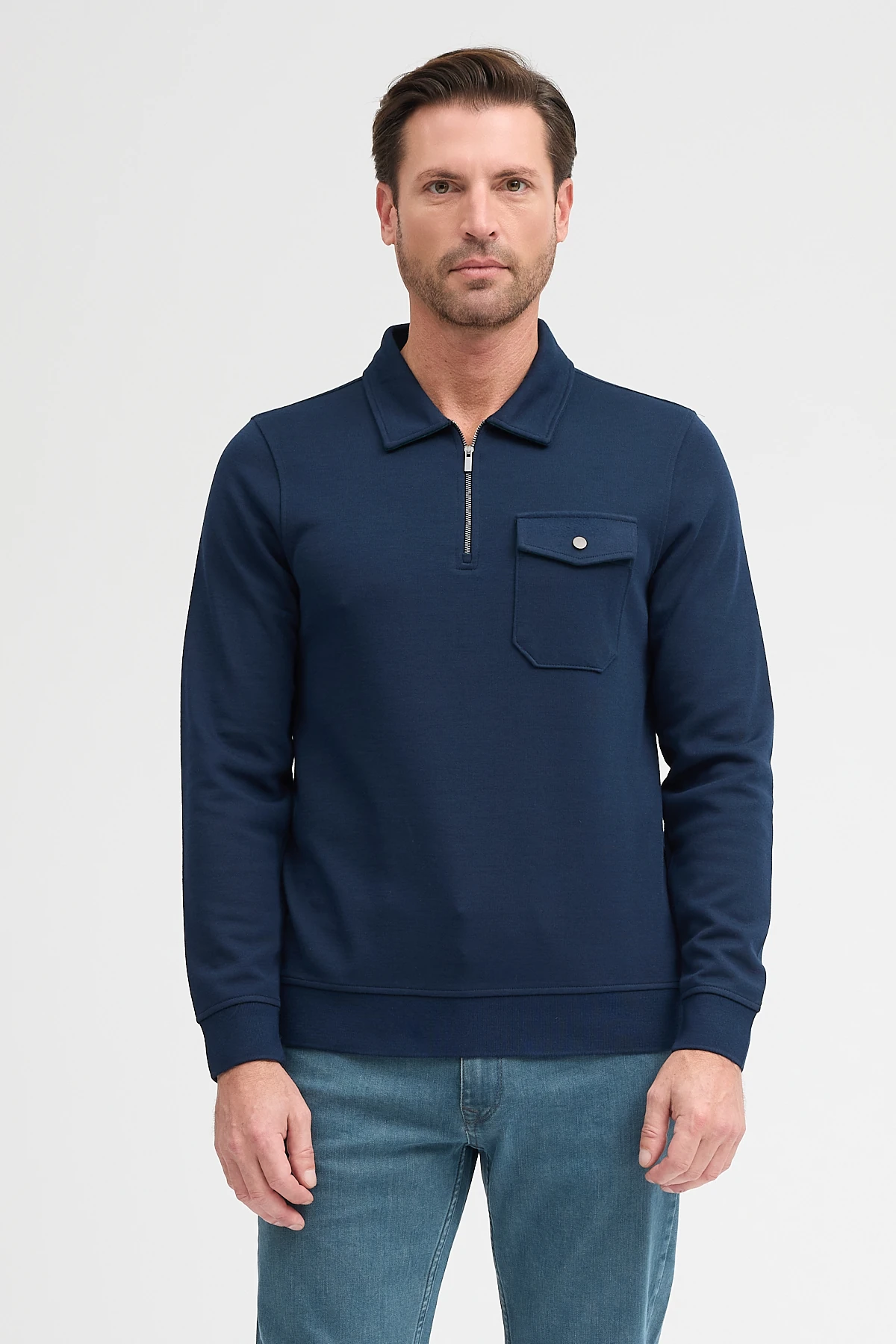 Erkek Polo Yaka Cepli Uzun Kol Sweatshirt