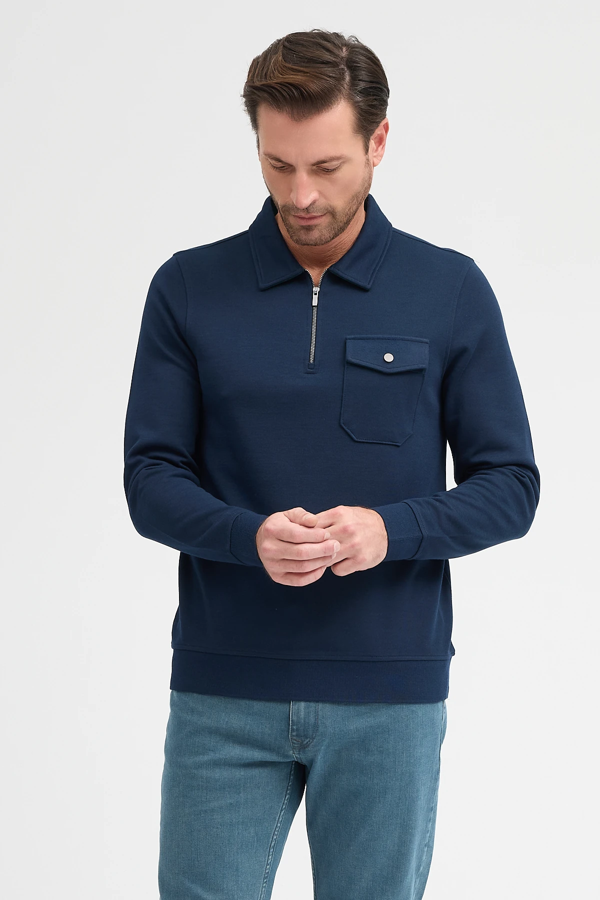 Erkek Polo Yaka Cepli Uzun Kol Sweatshirt