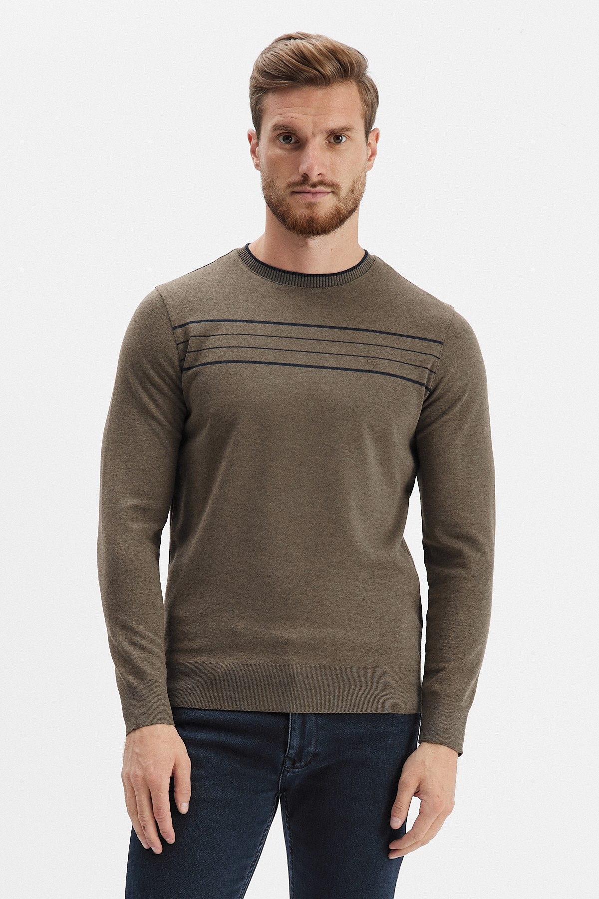 Erkek Bisiklet Yaka Çizgili Sweatshirt - Zencefil