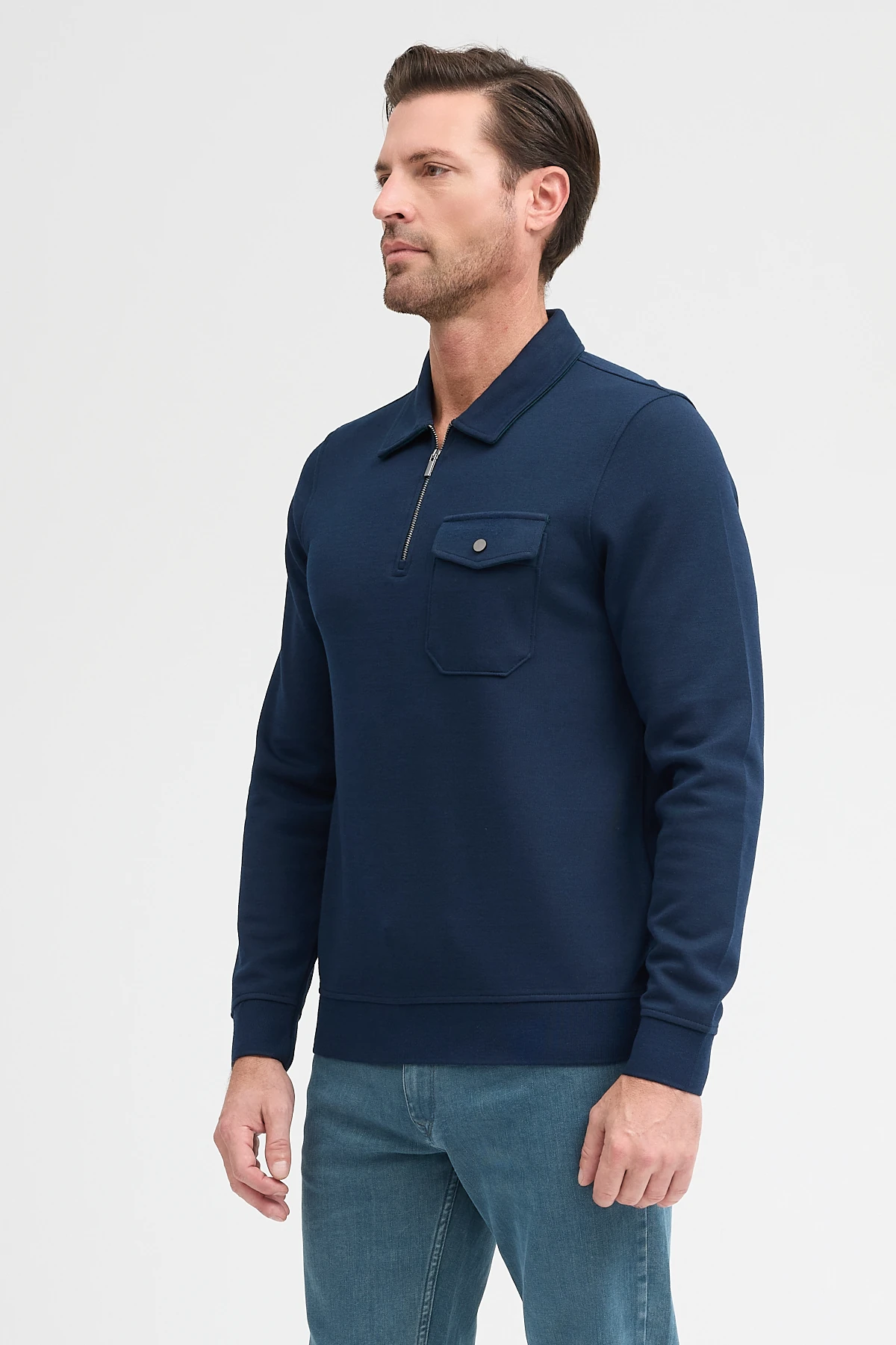 Erkek Polo Yaka Cepli Uzun Kol Sweatshirt