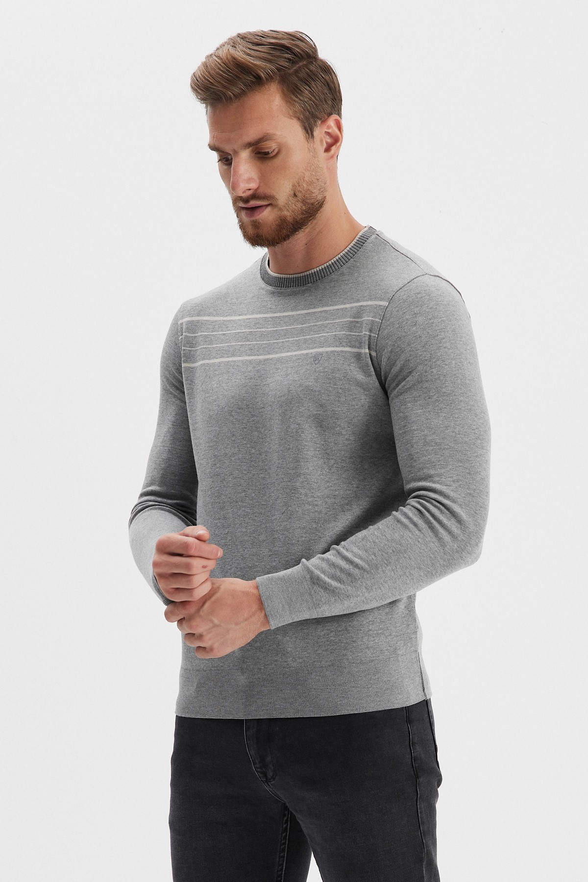 Erkek Bisiklet Yaka Çizgili Sweatshirt