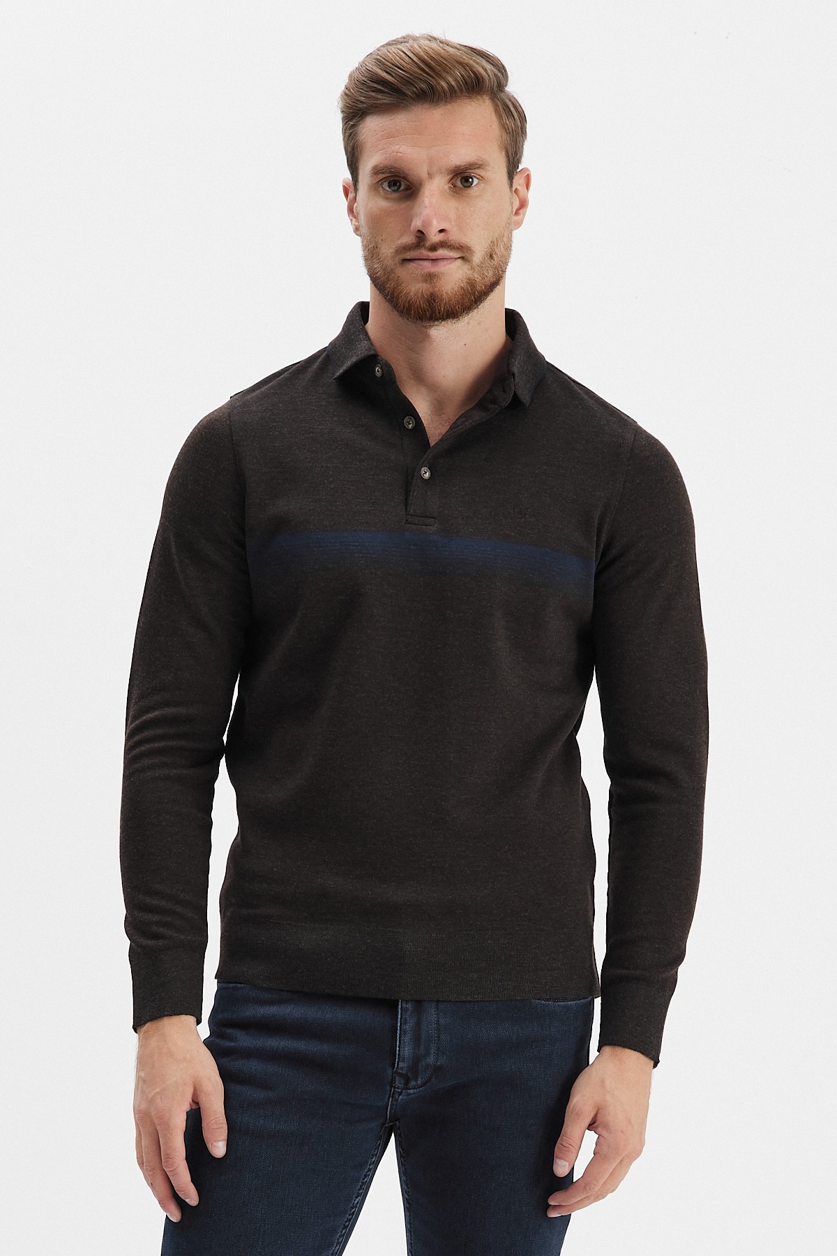 Erkek Polo Yaka Sweatshirt	 - Kahverengi