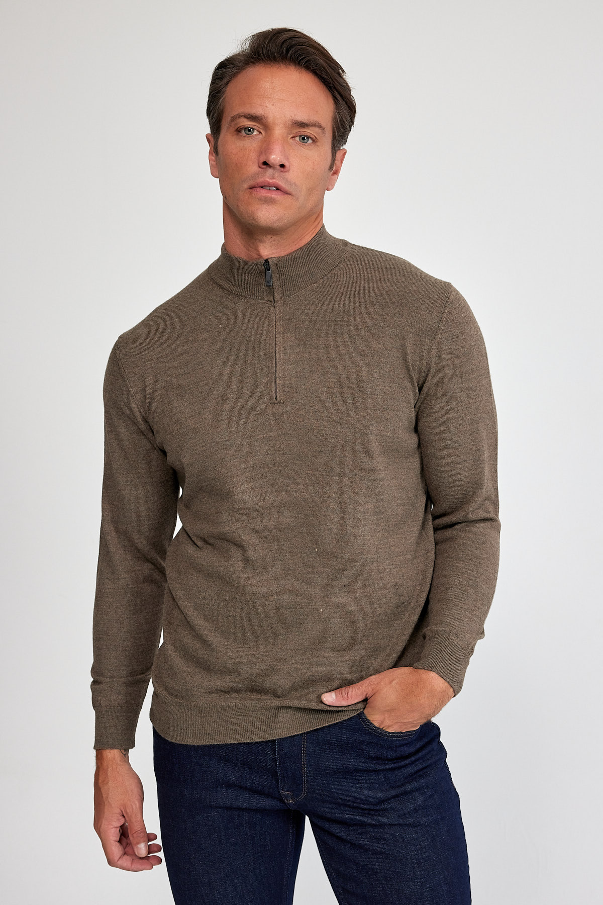 Erkek Dik Yaka Fermuarlı Kazak - Vizon