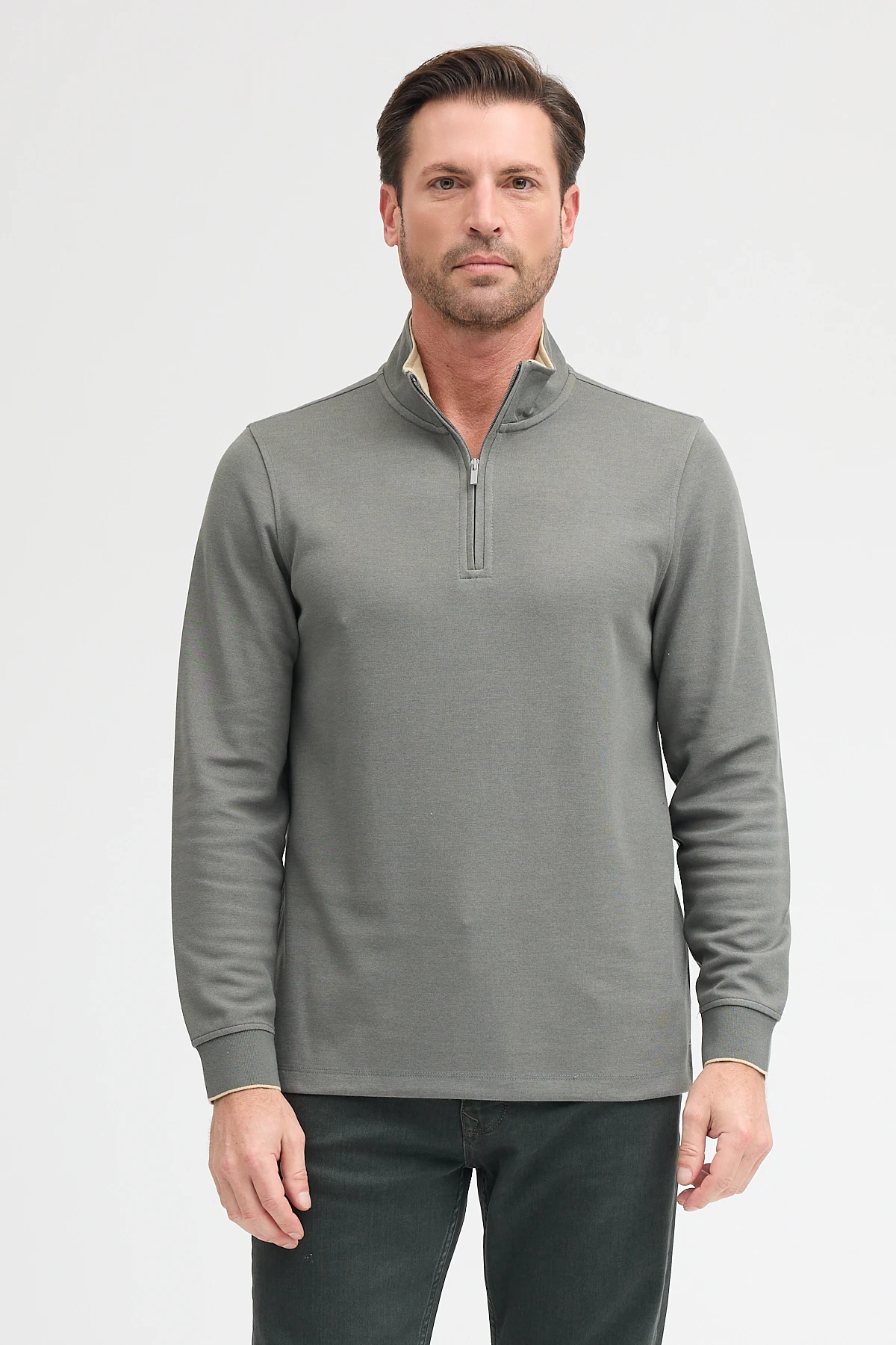 Erkek Dik Yaka Fermuarlı Sweatshirt - KÜF YEŞİLİ