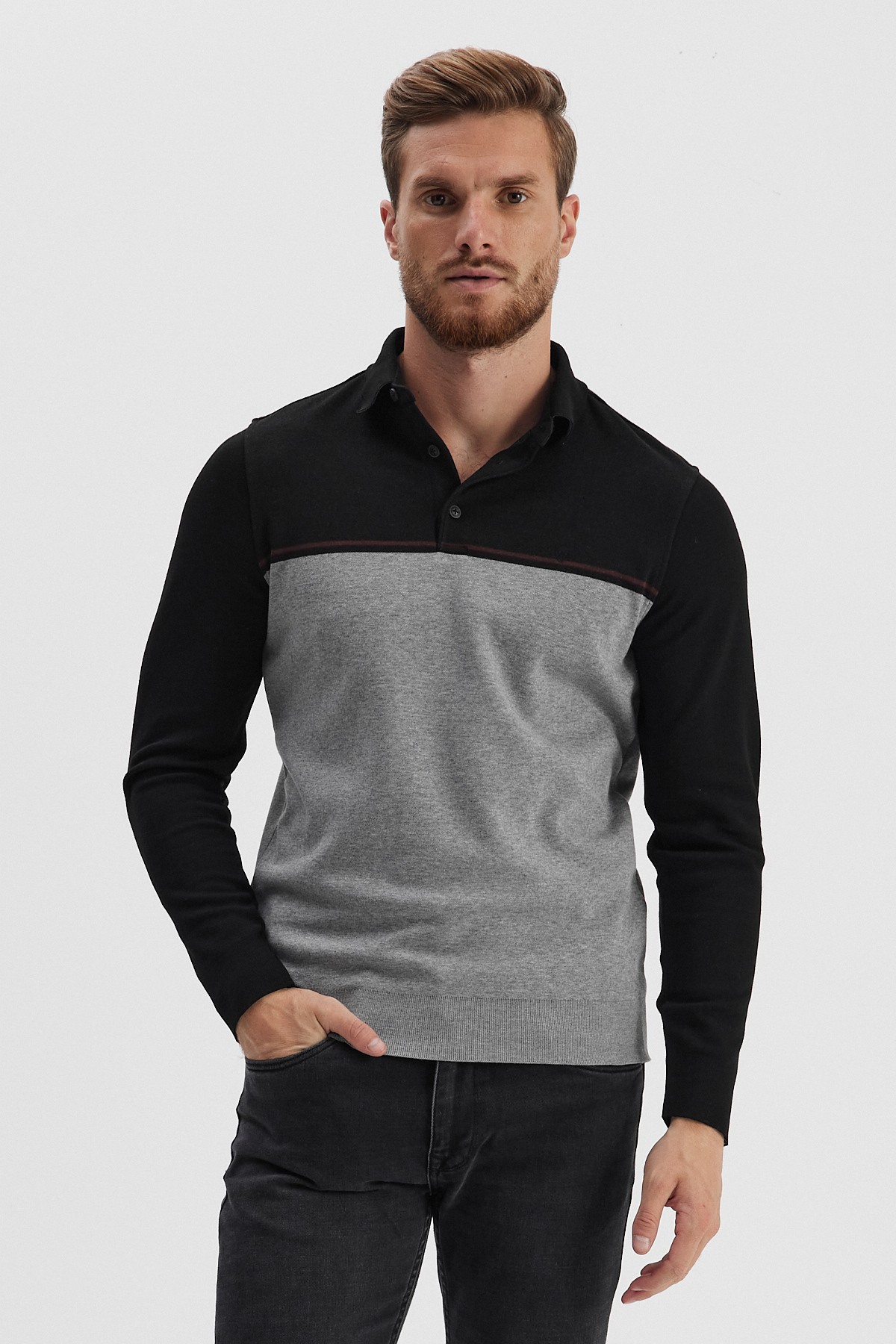 Erkek Polo Yaka Sweatshirt - Siyah