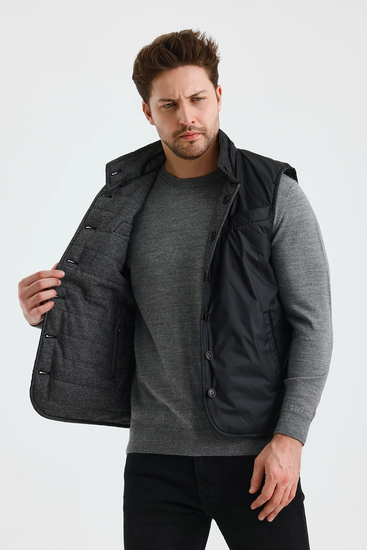 Erkek Dik Yaka Düğmeli Çift Taraflı Yelek