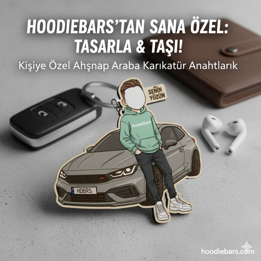 Kişiye Özel Araba Temalı Karikatür Ahşap Anahtarlık - Yüz ve Plaka Kişiselleştirilebilir