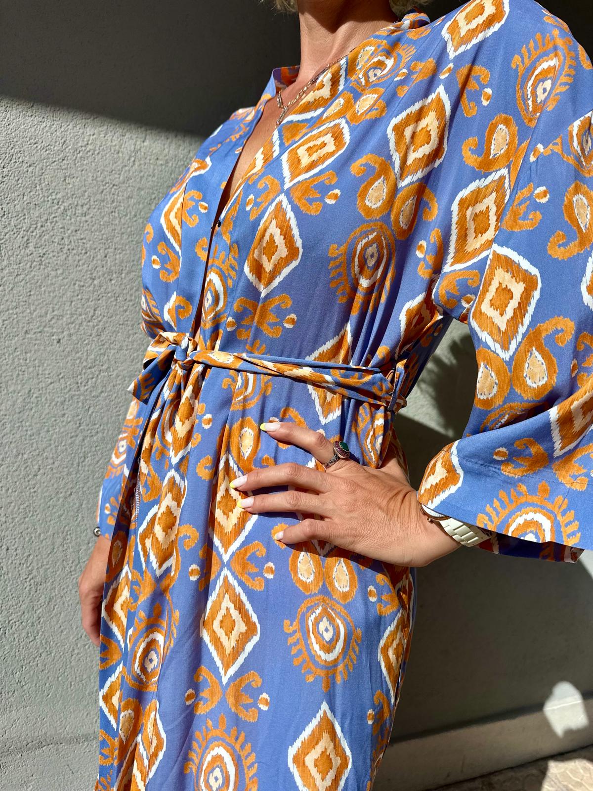 Kendinden Desenli Uzun Kimono